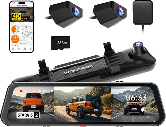 WOLFBOX G900 Tripro Bumper Version 3 Channel 4K Mirror Dash Cam, STARVIS 2 IMX678 Night Vision, 4K+2.5K+1080P Front and Rear Bumper Dash Cam, 5.8GHz WiFi, Voice Control, Includes 256GB Card & GPS