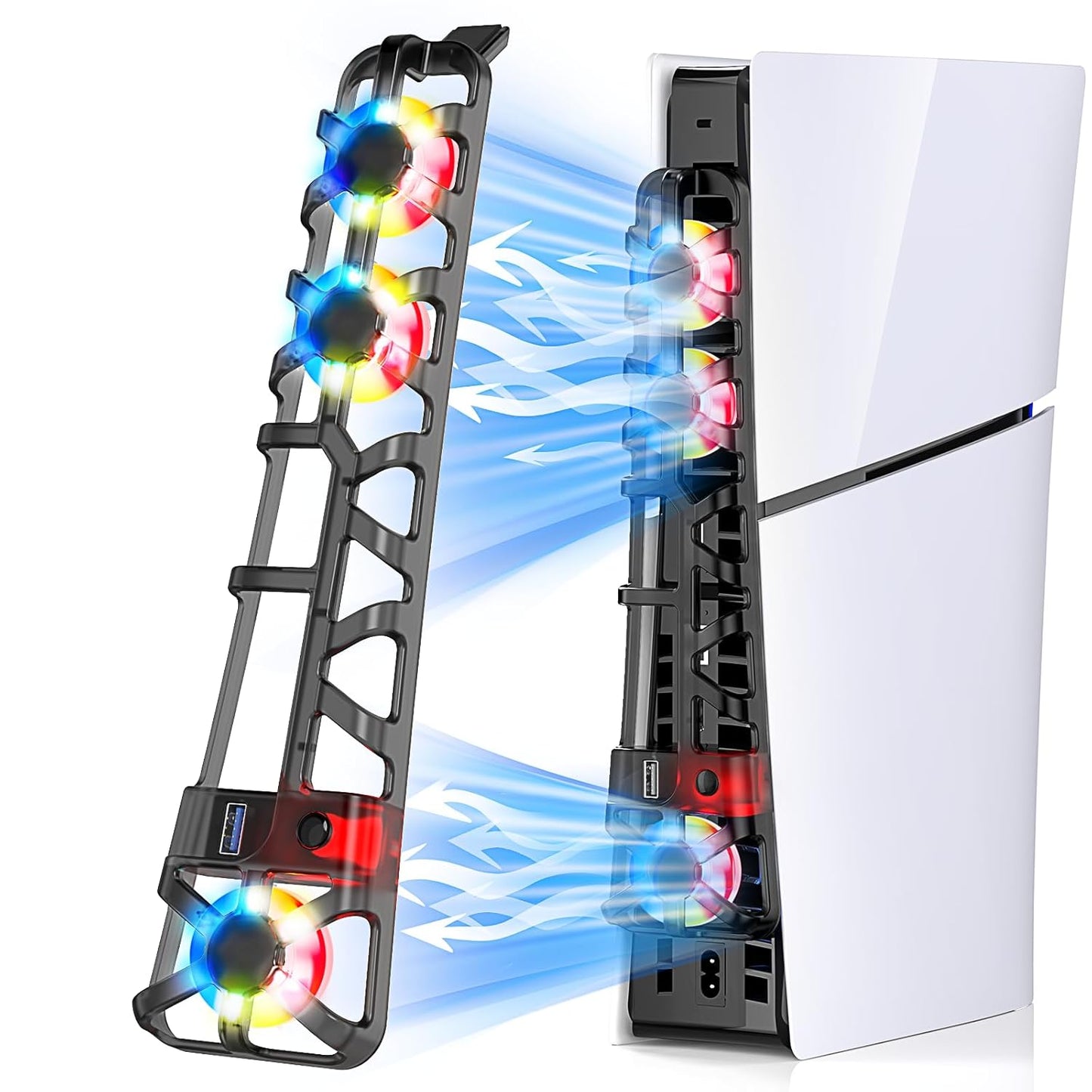 RGB PS5 Slim Light Cooling Fan, Temperature Controlled Fan Speed, Smart Memory Start-Stop Function, USB 3.0 Hub, Efficient Quiet Fan for PS 5 Slim Disc & Digital