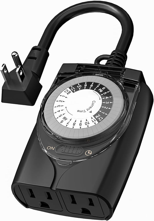 HBN Outdoor Timer Outlet Waterproof, 24 Hour Mechanical Light Timers for Electrical Outlets Outdoor Weatherproof, 2 Grounded Outlets for Christmas Lights, Holiday Decorations, 15A 1/2HP