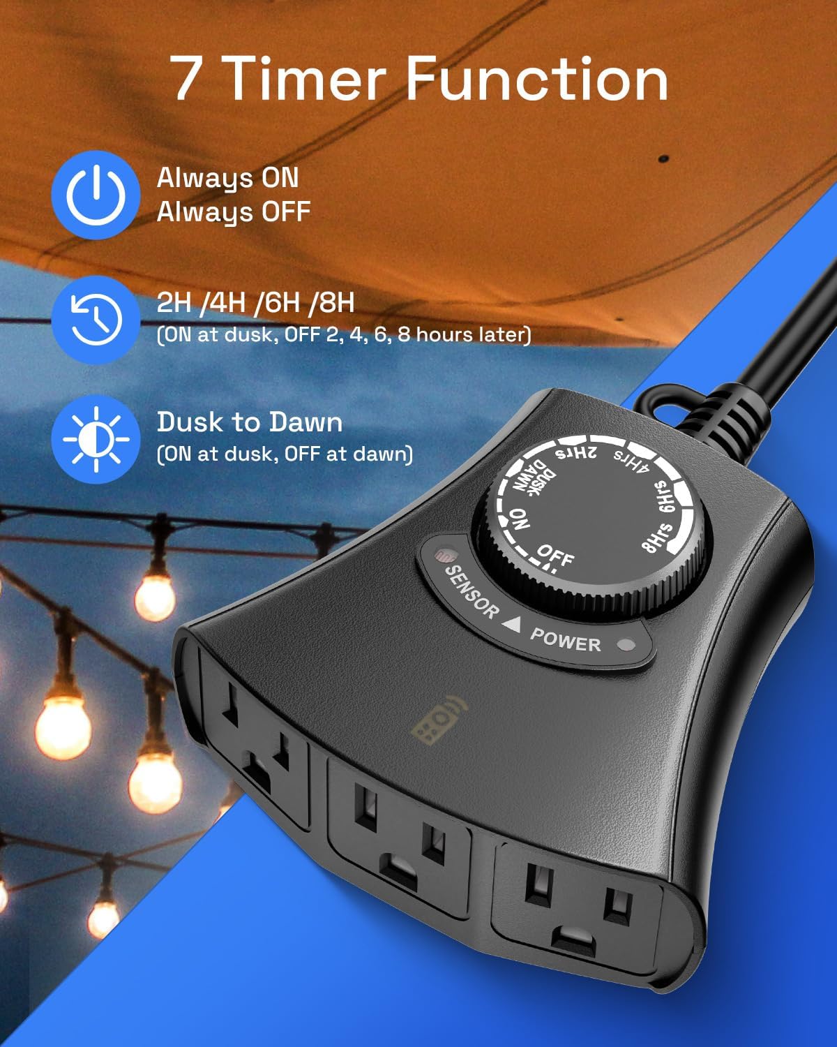 HBN Outdoor Light Timer with Remote Control, Waterproof Light Sensor Timer, 100 ft Wireless Range, 2 Grounded Outlets for Christmas Lights, 15A 1/2HP Heavy Duty