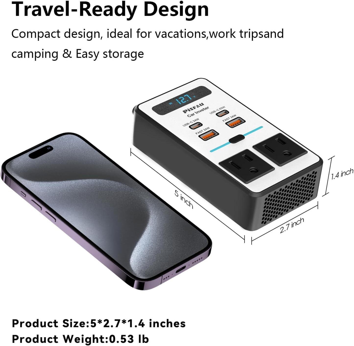 200W Car Power Inverter DC 12V to 110V AC,Cigarette Lighter Adapter Plug with [65W USB-C]/USB-Fast Charger 24W/Multiple USB/Laptop car Charger with Voltage Display