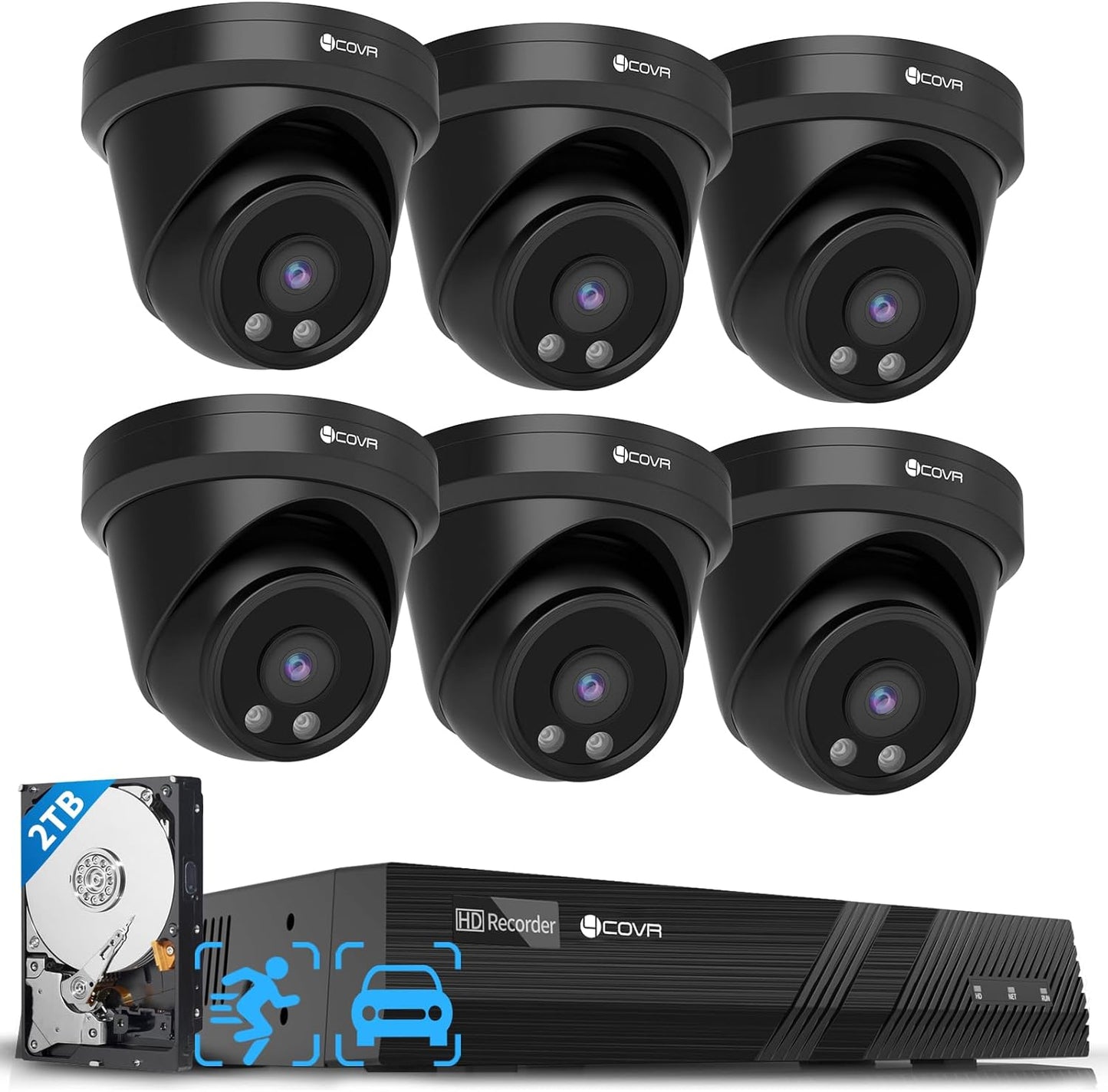 4COVR Security Camera Outdoor System, AI Human Vehicle Detection, 6Pcs 5MP Wired Commercial Dome PoE IP Camera IP67 Night Vision, 8CH 4K H.265 NVR 2TB HDD, 24/7 Home Surveillance, LY97AB5M0806