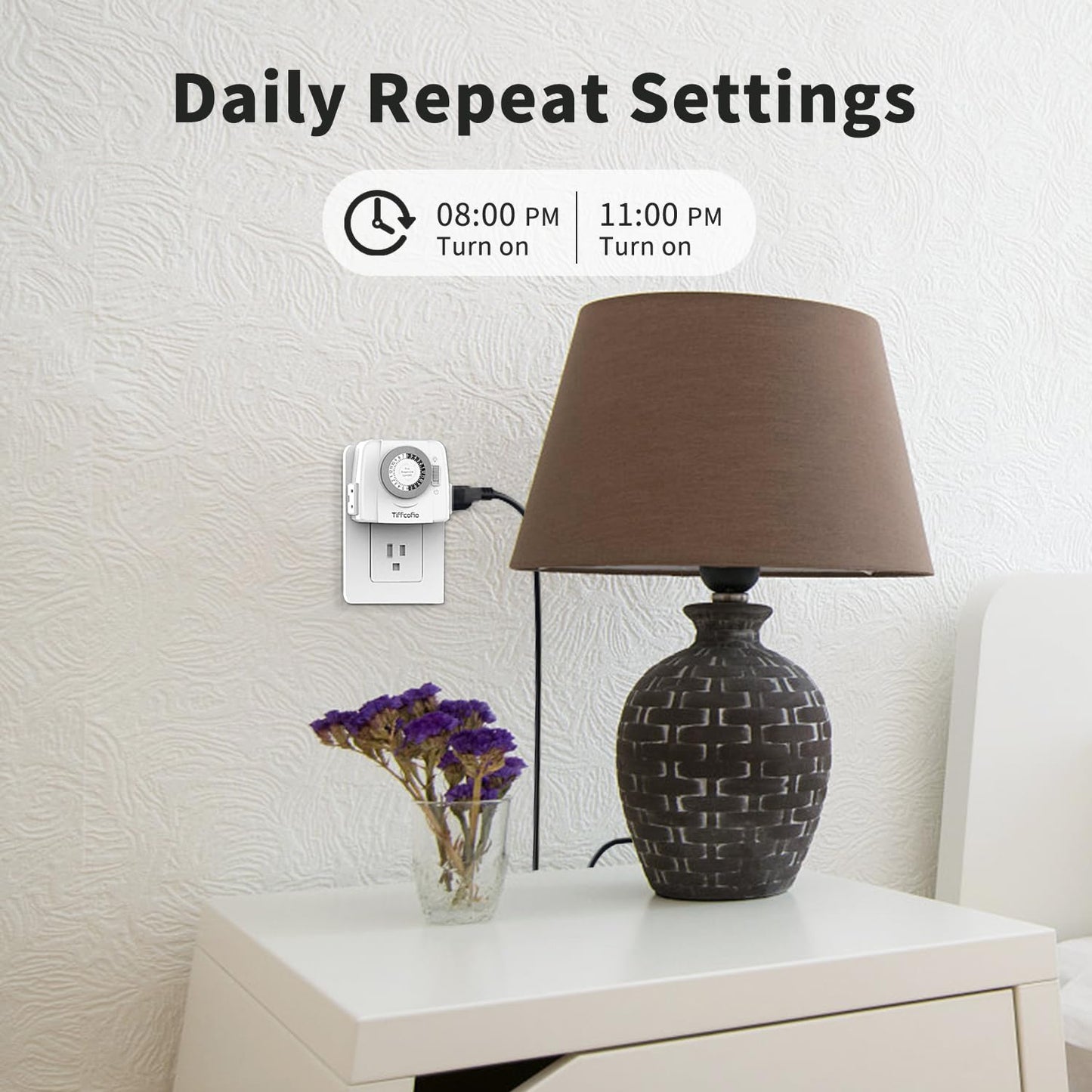 TiFFCOFiO Indoor Mechanical Light Timer, 3 Prong Plug in Timer Switch, 2 Grounded Outlets for Lamps Indoor, ETL Listed,15A/1875W