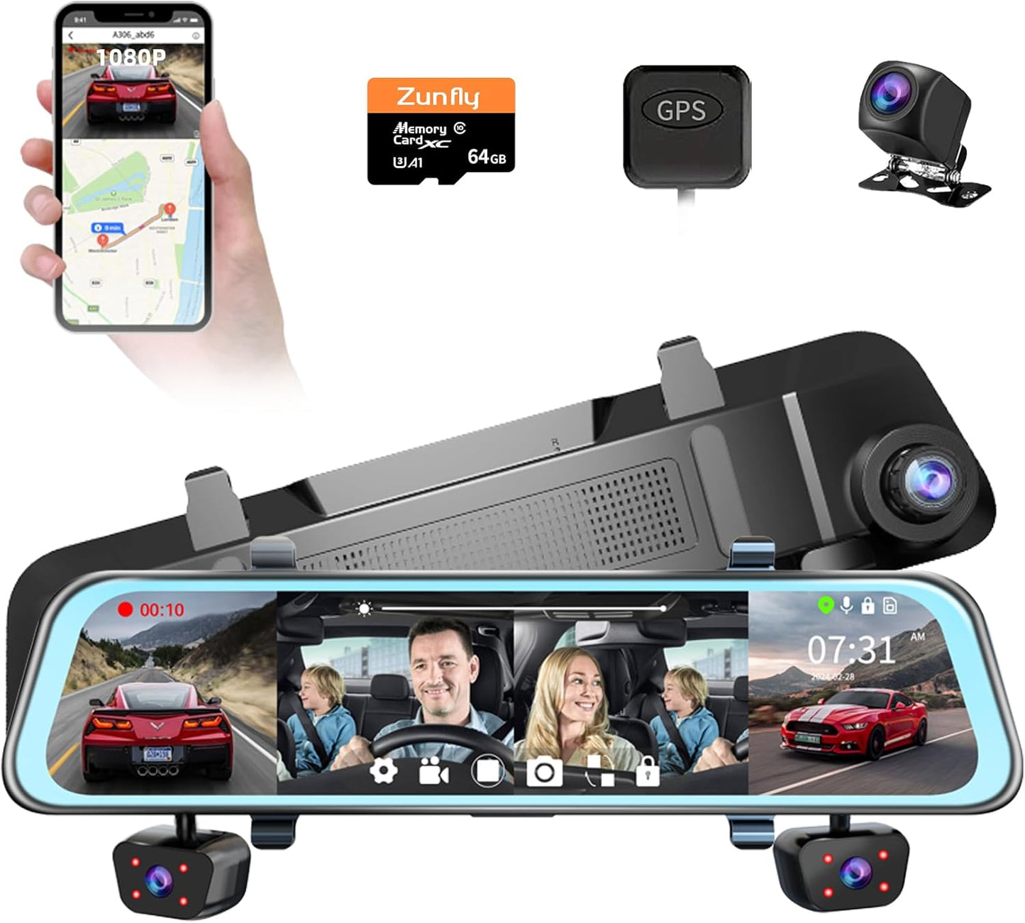 4 Channel Mirror Dash Cam, Dash Cam Front and Rear/Inside, 12’’ FHD 1080Px4 Rear View Mirror Camera, IR Night Vision for Left and Right Inside Car Camera, Built-in WiFi, GPS, Parking Monitor