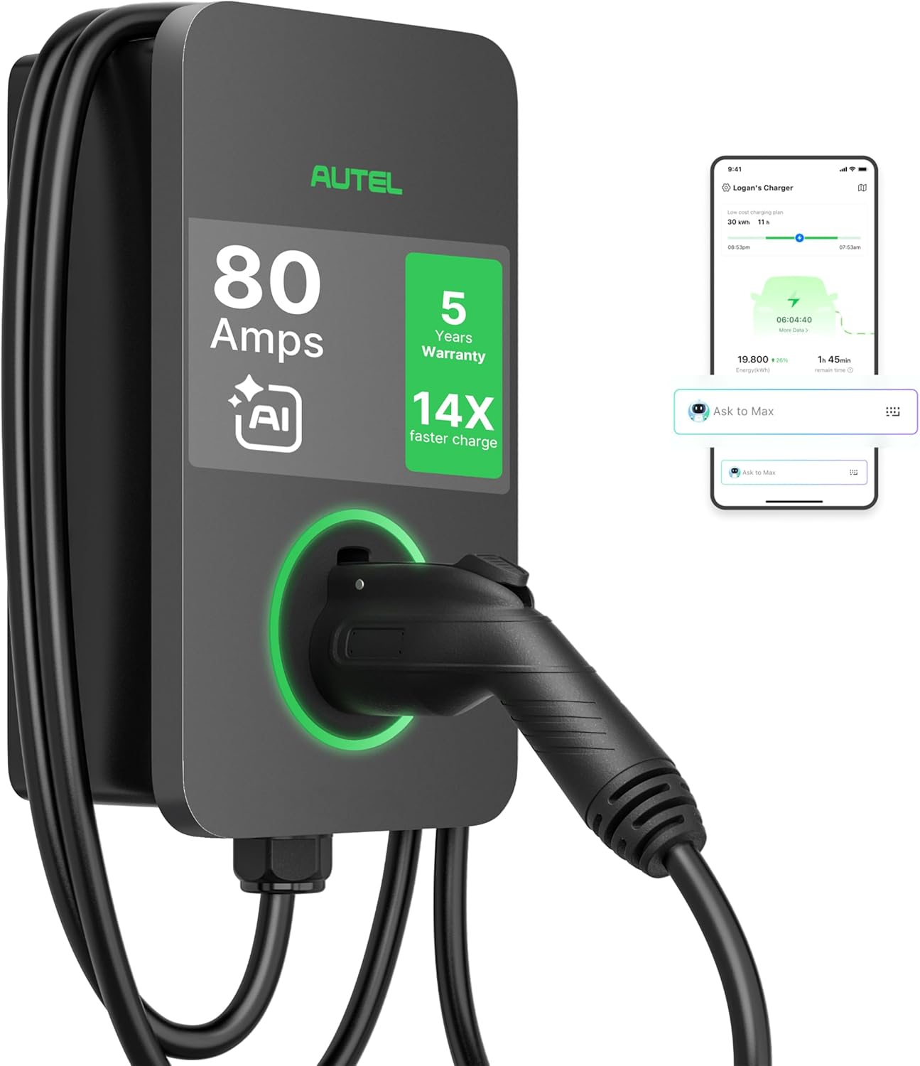 Autel MaxiCharger Electric Vehicle (EV) Charger Level 2, up to 80 Amp, Integrated Cloud with AI, Indoor/Outdoor, Wi-Fi/Wi-Sun Enabled, Dark Gray