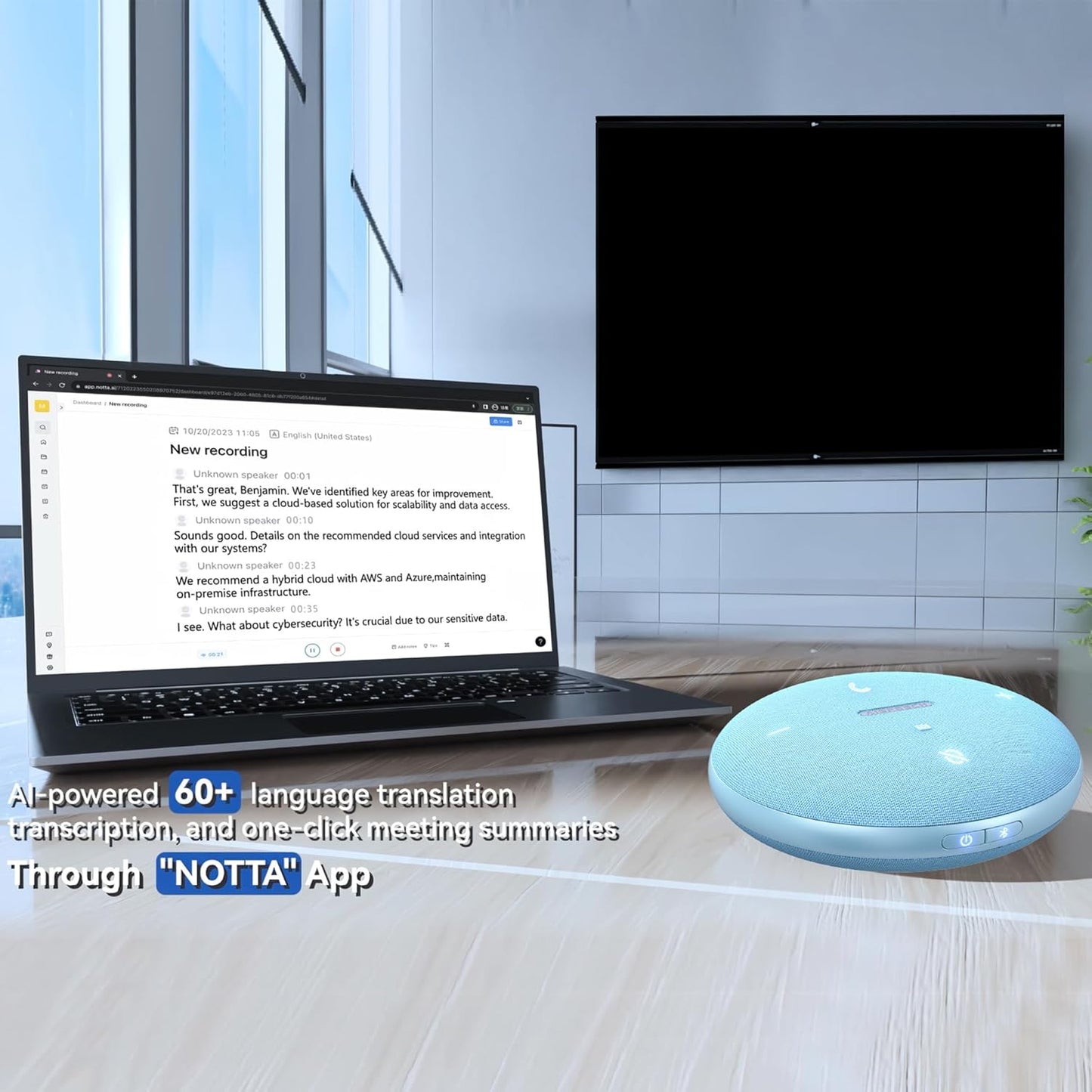 Bluetooth Conference Speakerphone M4 with AI Noise Reduction, AI Summaries, AI Transcription with 60-Language Support, 13FT 360° Voice Pickup,10-Hour Battery Life for Zoom and Teams, Blue