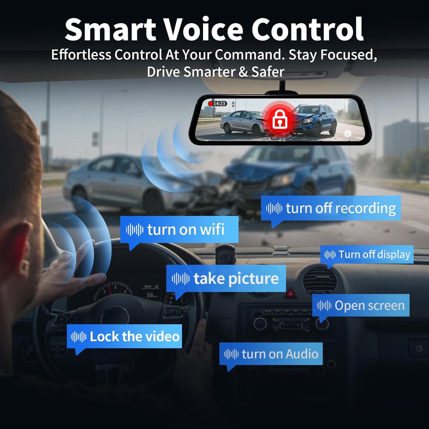 Mirror Dual Dash Camera with Voice Control,4K+2.5K 10" Rear View Mirror Camera with 5.8GHz WiFi and APP Control, WDR Night Vision, Loop Recording, G-Sensor, Parking Monitor 64GB Card Included