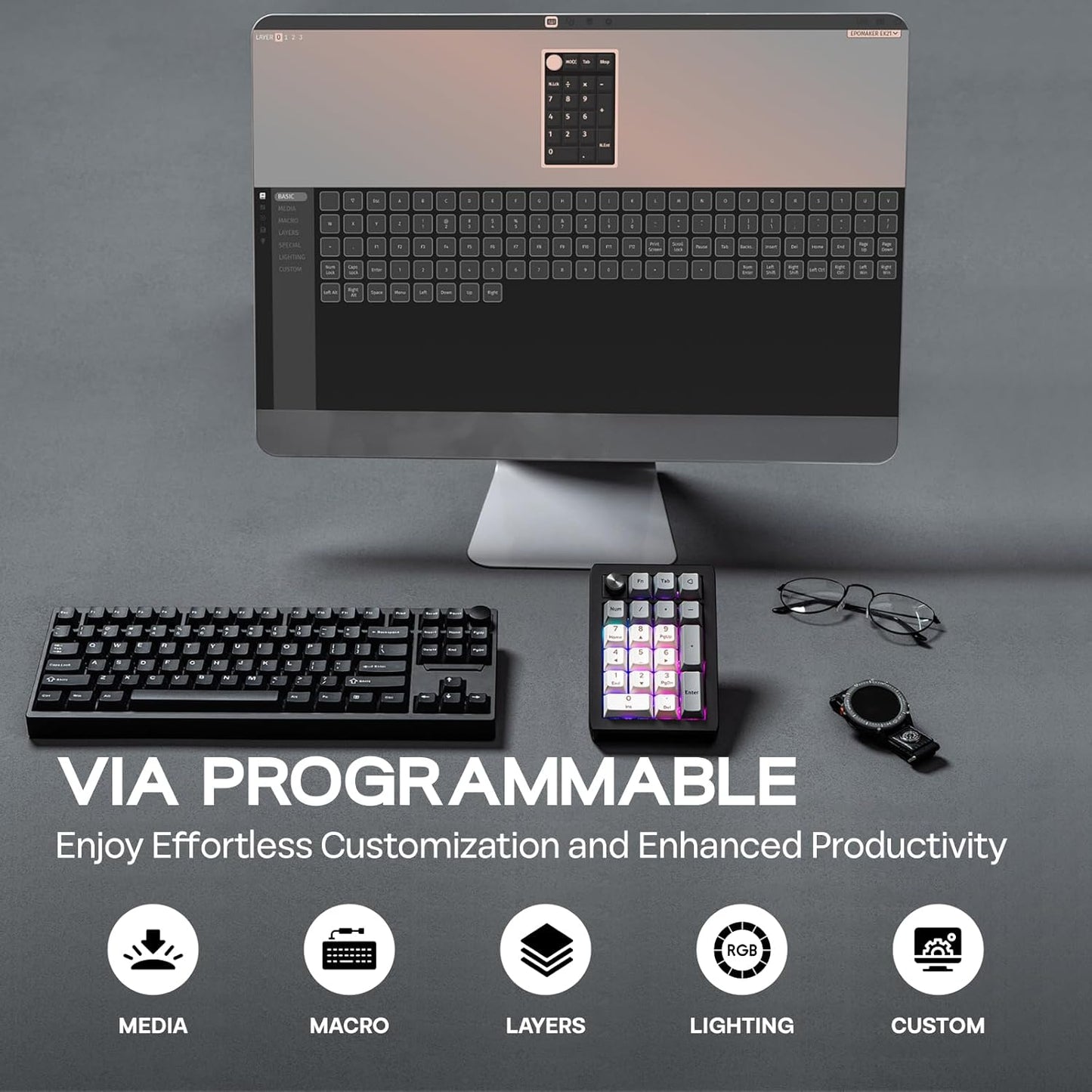 EPOMAKER EK21 VIA Gasket Number Pad with 1000mAh Battery, BT 5.0/2.4GHz/Wired Hot-Swap Numpad with Aluminum Alloy knob, Programmable for Win/Mac/Gaming (Black Silver, Zebra Switch)