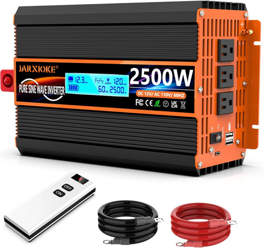 2500 Watt Pure Sine Wave Power Inverter 12V DC to 110V 120V Converter for Family RV Off Grid Solar System Car with Type-C Ports 3 AC Power Outlets Dual USB Ports LCD Display Wireless Remote Control