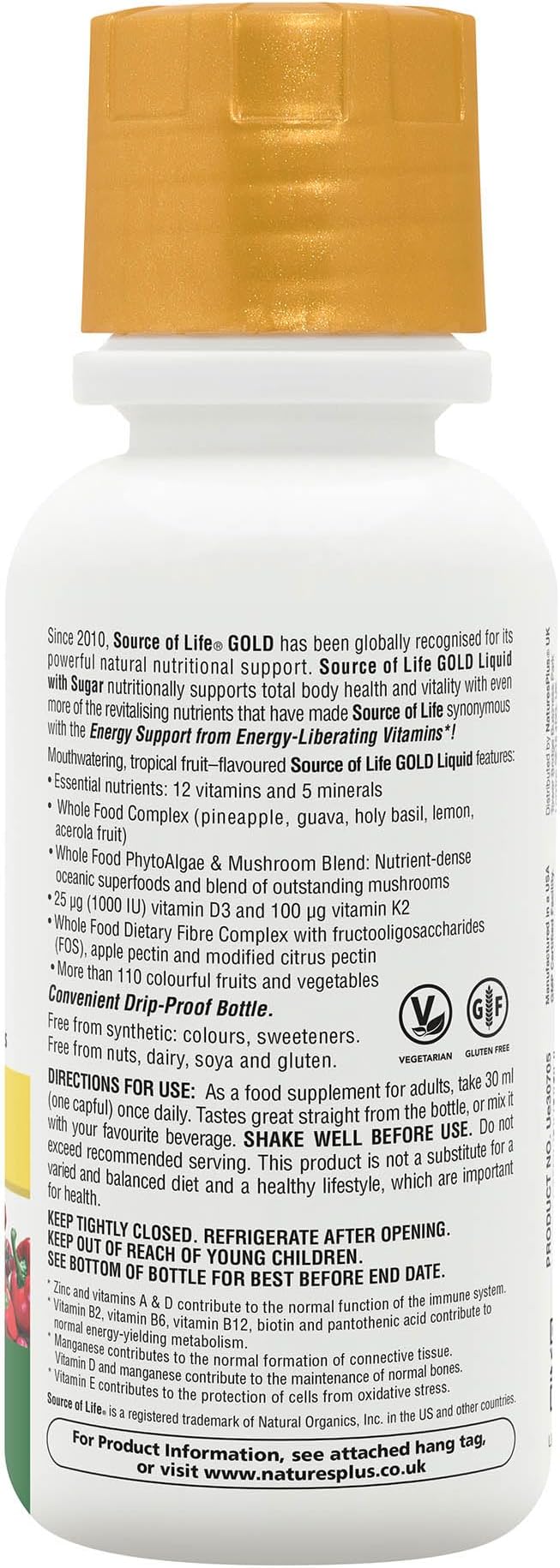 Natures Plus Source of Life Gold Multivitamin Liquid - 8 fl oz, Pack of 2 - with Vitamins D3, B12 & K2 - Vegetarian & Gluten Free - 16 Total Servings