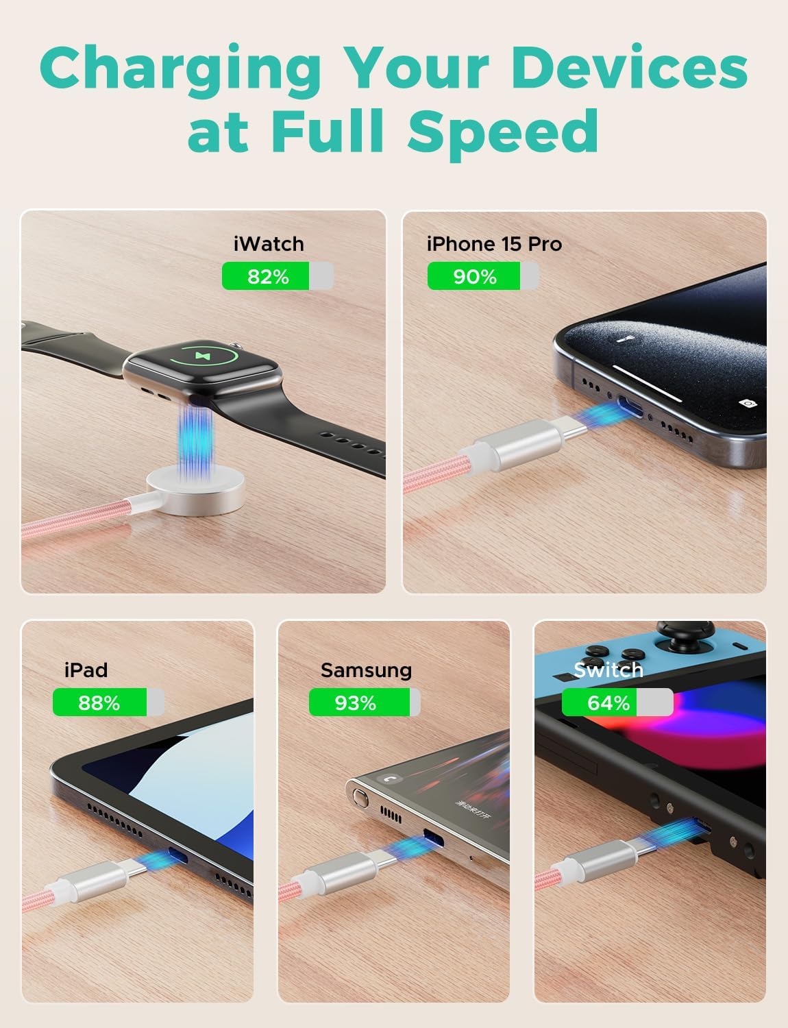 Pink-Upgraded 3 in 2 USB C Cable for Watch Charger Phone Charger USB C Multi Fast Charging Cable Compatible with Watch Ultra/SE/10/9/8/7/6/5/4/3/2/1 & Phone 16/15/14/Galaxy S23-4FT