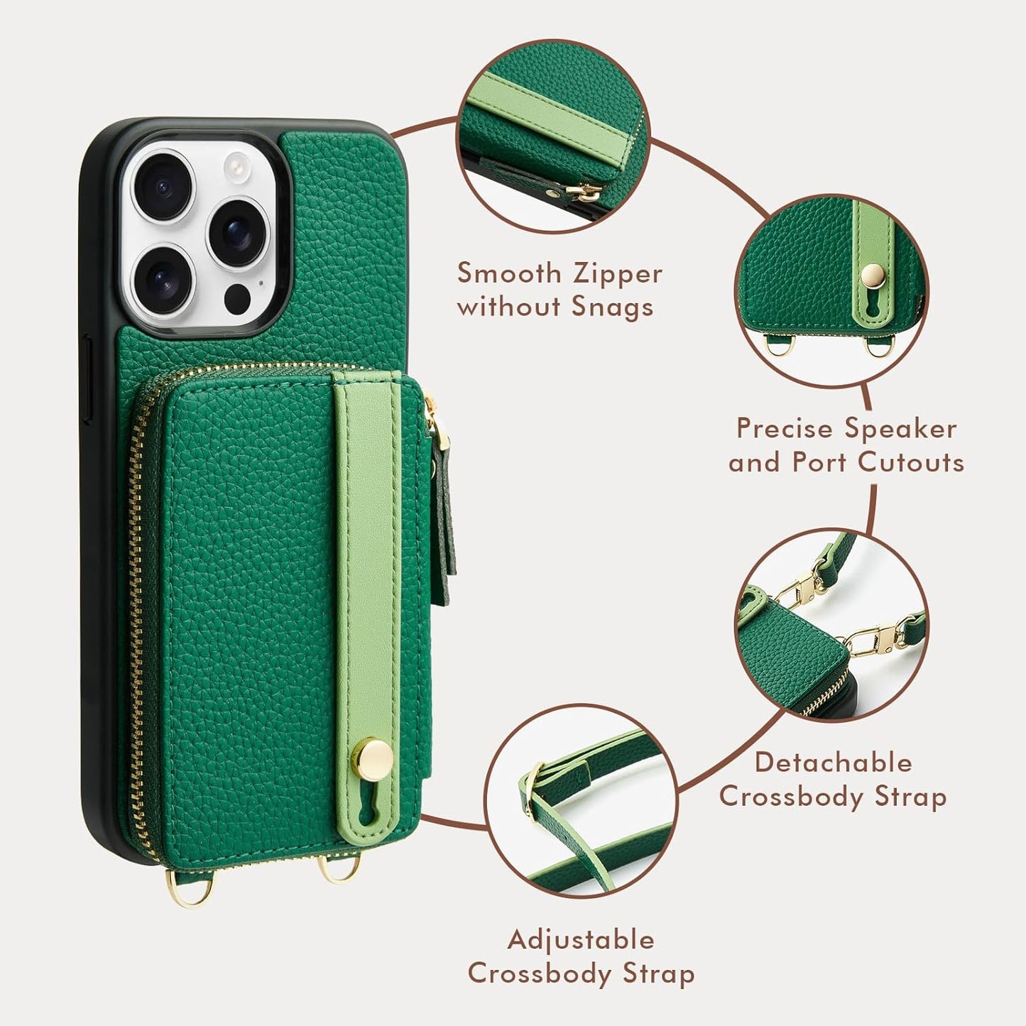 LAMEEKU for iPhone 15 Pro Wallet Case, Zipper Leather Card Slots Crossbody Cover Wrist Strap Lanyard with Phone Grip Holder Stand for iPhone 15 Pro 6.1 inch Dark Green