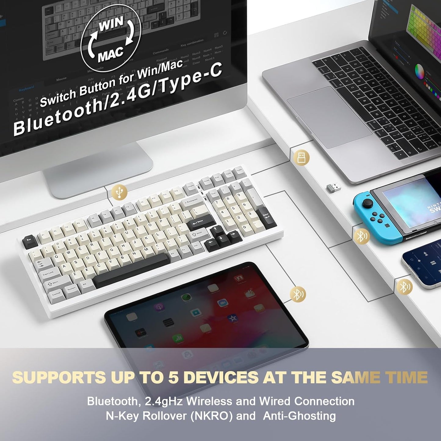 YUNZII YZ98 Gasket Mechanical Keyboard,99 Key Hot Swappable BT5.0/2.4G/USB-C Wireless NKRO 98% 1800 Layout with RGB LED Backlit for Linux/Win/Mac(Milk Switch, White)