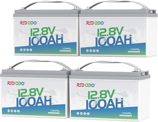 Redodo 4 Pack 12V 100Ah Lithium LiFePO4 Battery, Group 31 Battery Built in 100A BMS, Up to 15000 Cycles, 10 Years Lifetime, Perfect for RV, Off Grid, Solar, Marine, Trolling Motor