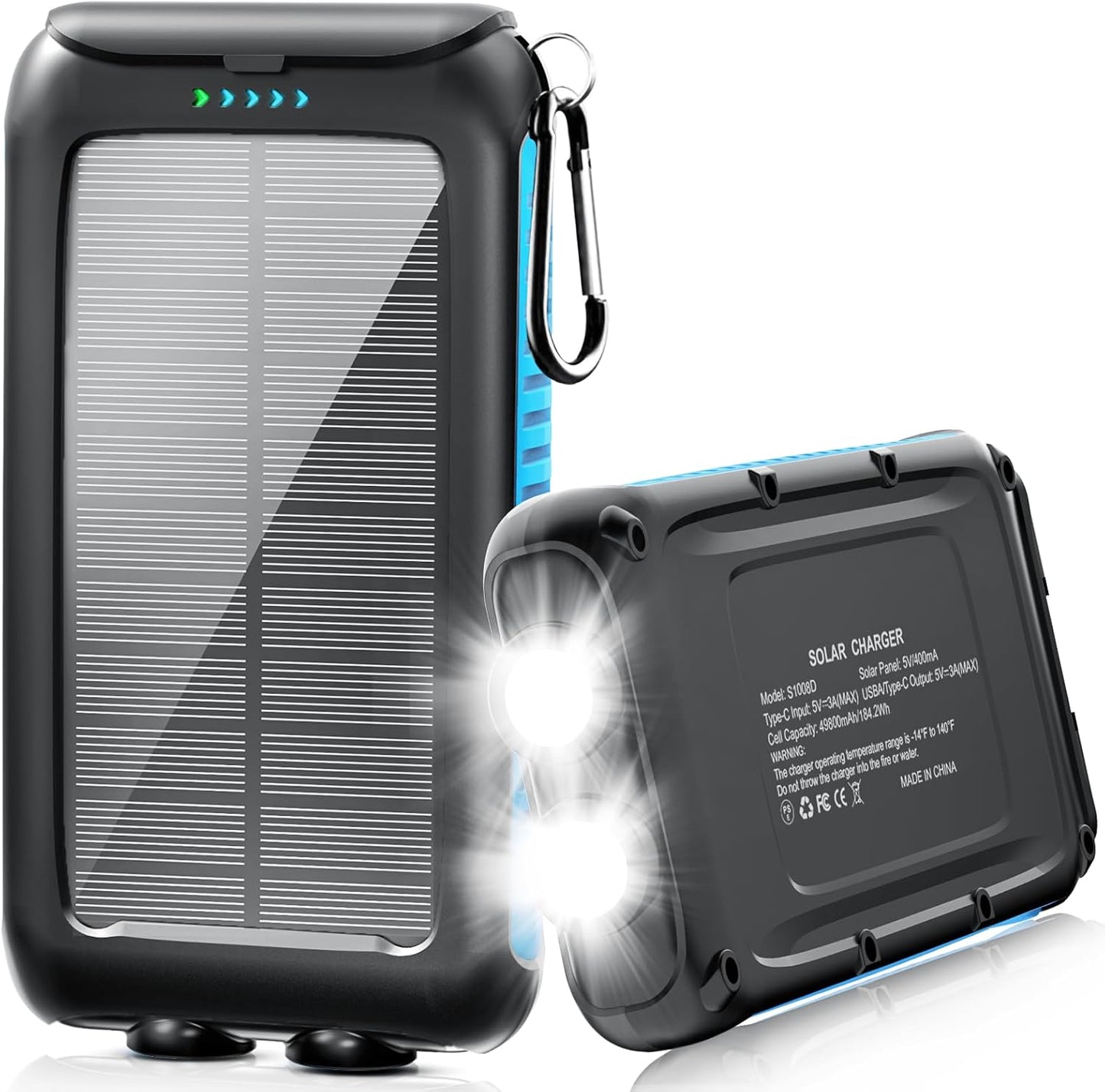 Solar-Charger-Power-Bank-49800mAh Portable Solar Phone Charger with LED Flashlight/15W Fast Charge USB C Waterproof External Backup Battery Pack for All Cell Phones & Electronic Devices