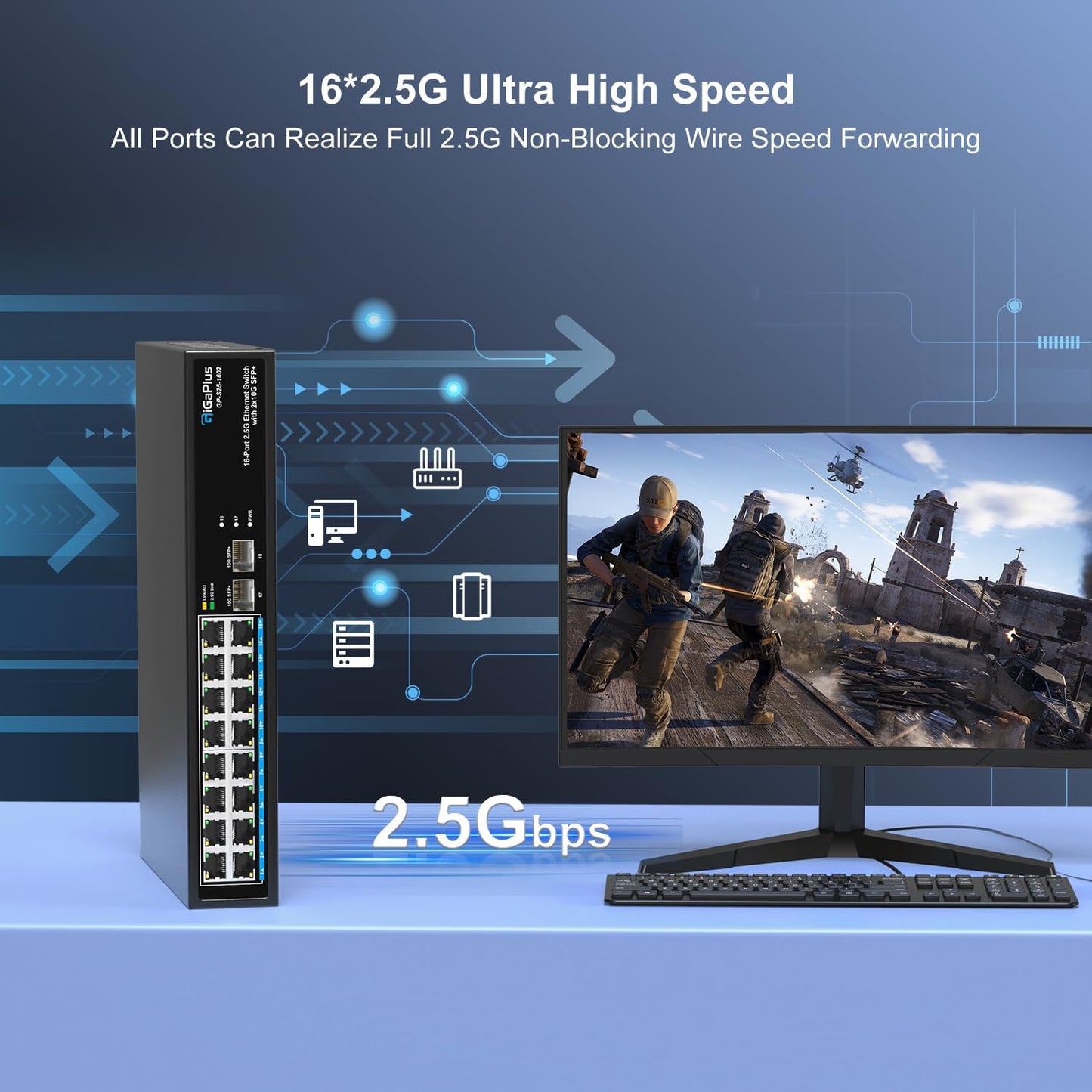 18 Port 2.5Gb Unmanaged Ethernet Switch with 16* 2.5G Base-T Ports, 2* 10G SFP+ Ports. GiGaPlus 2.5Gbps Network Switch for 2.5Gbps NAS/PC, Wireless AP, WiFi6 Router. Plug and Play, Fanless Design.