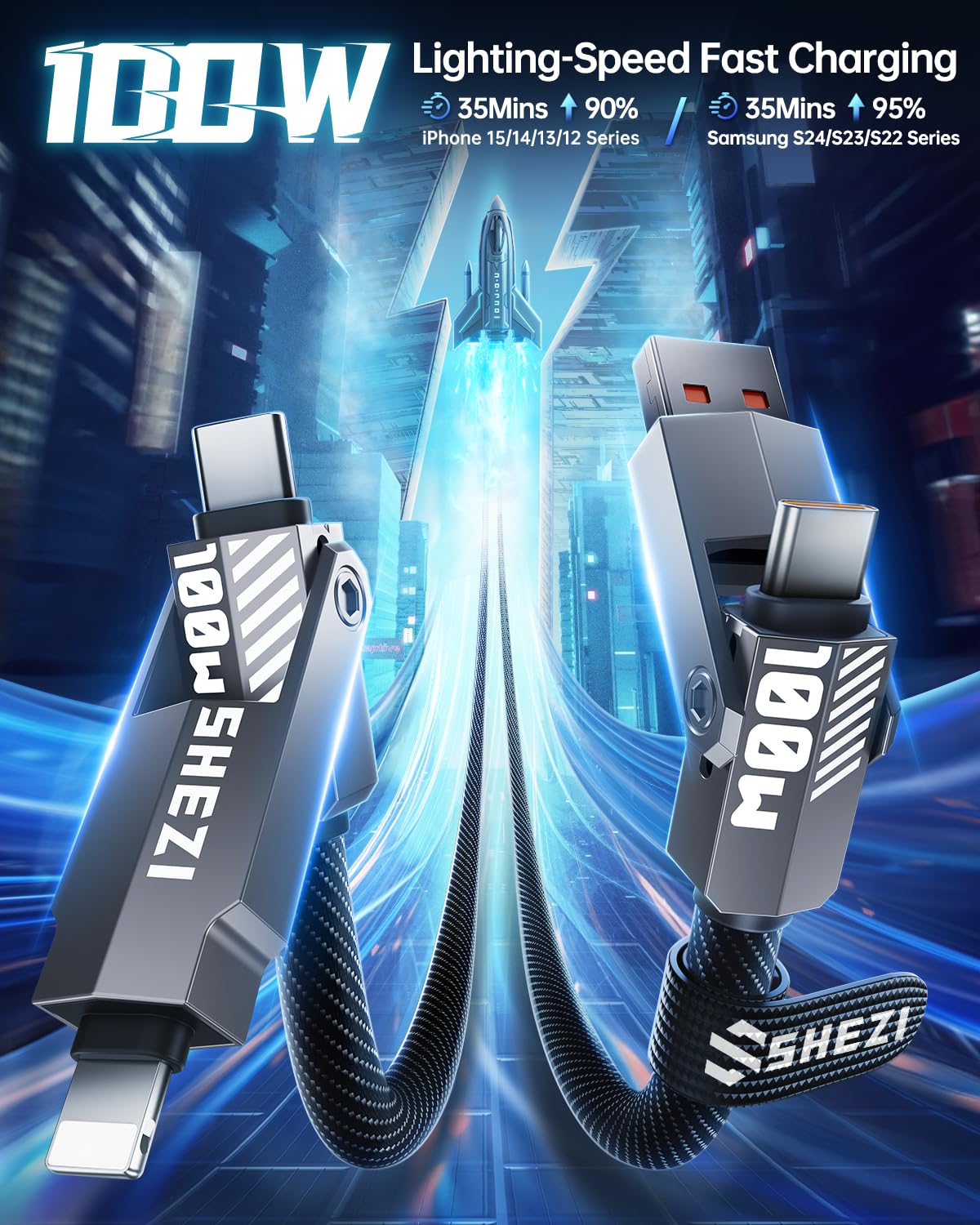 SHEZI Nylon Braided 4 in 1 USB C Cable 240W 3FT Compatible with Lightning Cable, Fast Charging for iPhone/iPad Charger Cord [480Mbps Data Sync],Multi Charging Cable with Type C/USB A, Grey