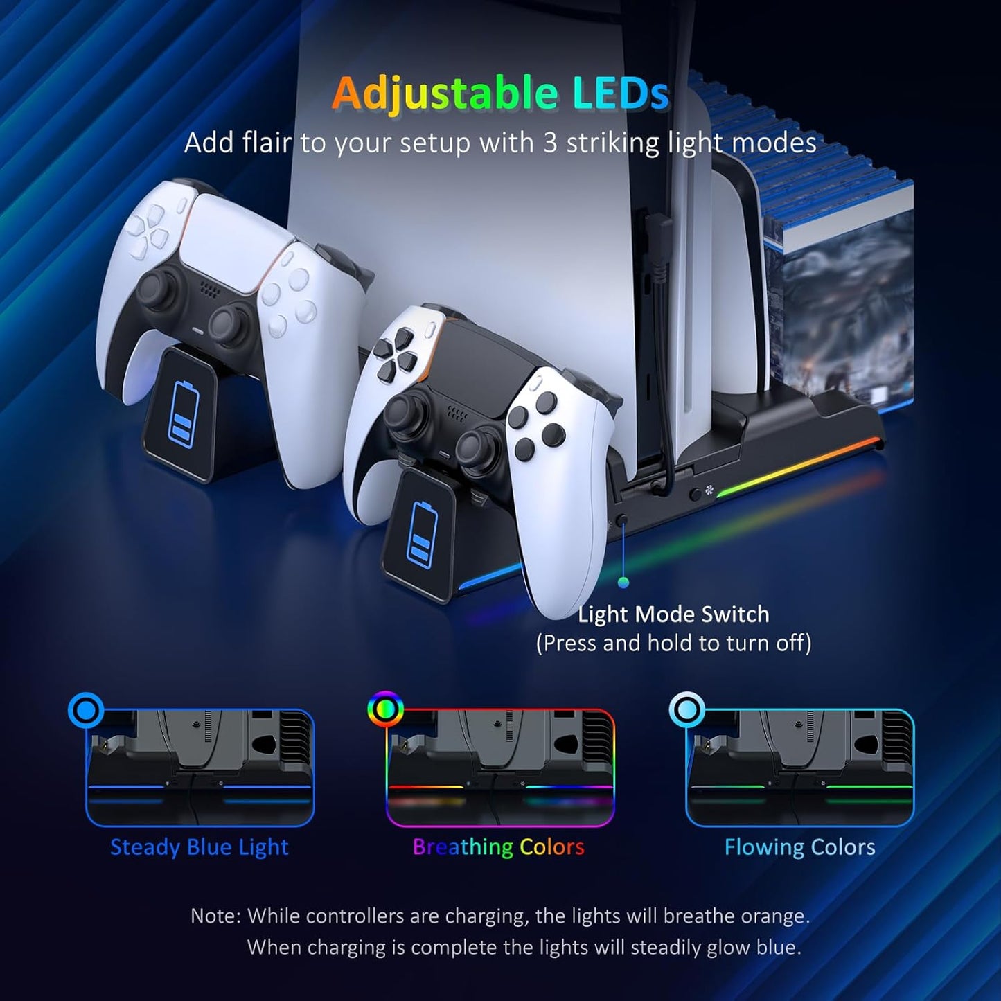 NexiGo PS5 Silent Cooling Stand for Both PS5 and New PS5 Slim Consoles, RGB LED Light, Dual Charging Station, Compatible with Dual_Sense Edge Controller, Hard Drive, Headset and Remote Holder, Black