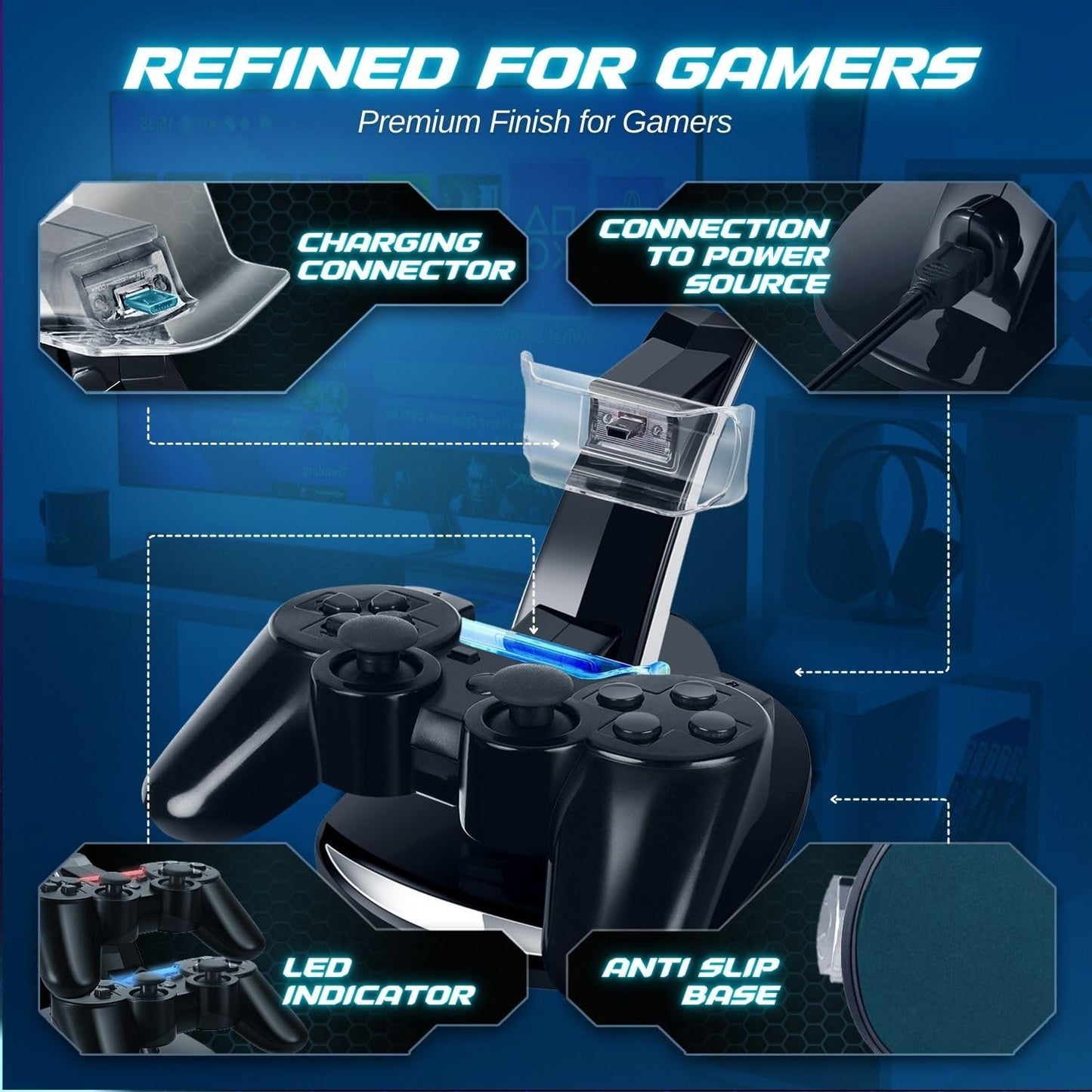 TNP Compatible with PS3 Controller Charger Stand for Sony Playstation 3 Controller compatible with Dualshock 3 Charging, 2 Tier Docking Station Stand and 2 USB PS3 Cable ports with LED Indicators