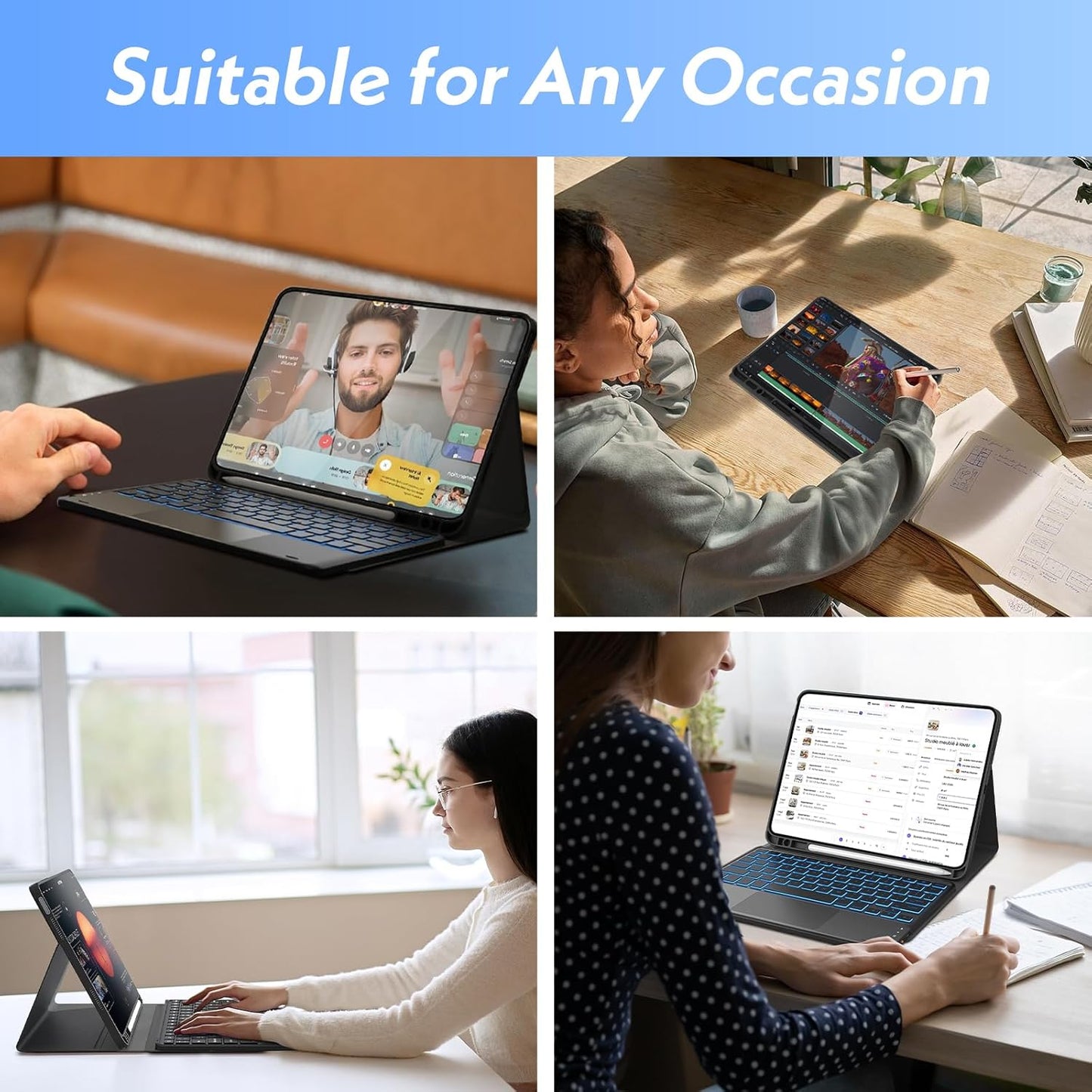 Keyboard Case for iPad Pro 12.9 Inch 2017/2015 (1st & 2nd Generation), 7 Color Backlit, Multi-Touch Trackpad, Detachable Wireless with Pencil Holder Stand Folio Keyboard Cover, Black