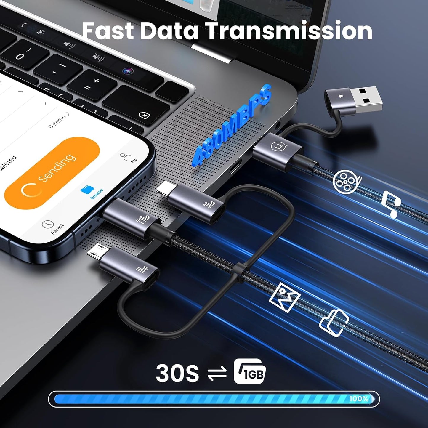 240W Multi Charging Cable, 4ft 6-in-1 USB C Cable Fast Charging Cords with USB-C/A Ports to IP/Type C/Micro Connectors for Pad/Cell Phones/Tablets/Laptop