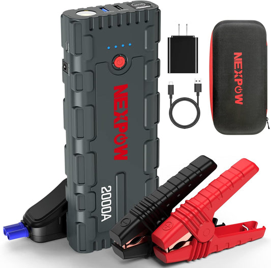 NEXPOW 2000A Peak Car Battery Jump Starter with USB Quick Charge 3.0 (Up to 7.0L Gas or 6.5L Diesel Engine), 12V Portable Jump Box, Battery Booster with Built-in LED Light, Jumper Cables