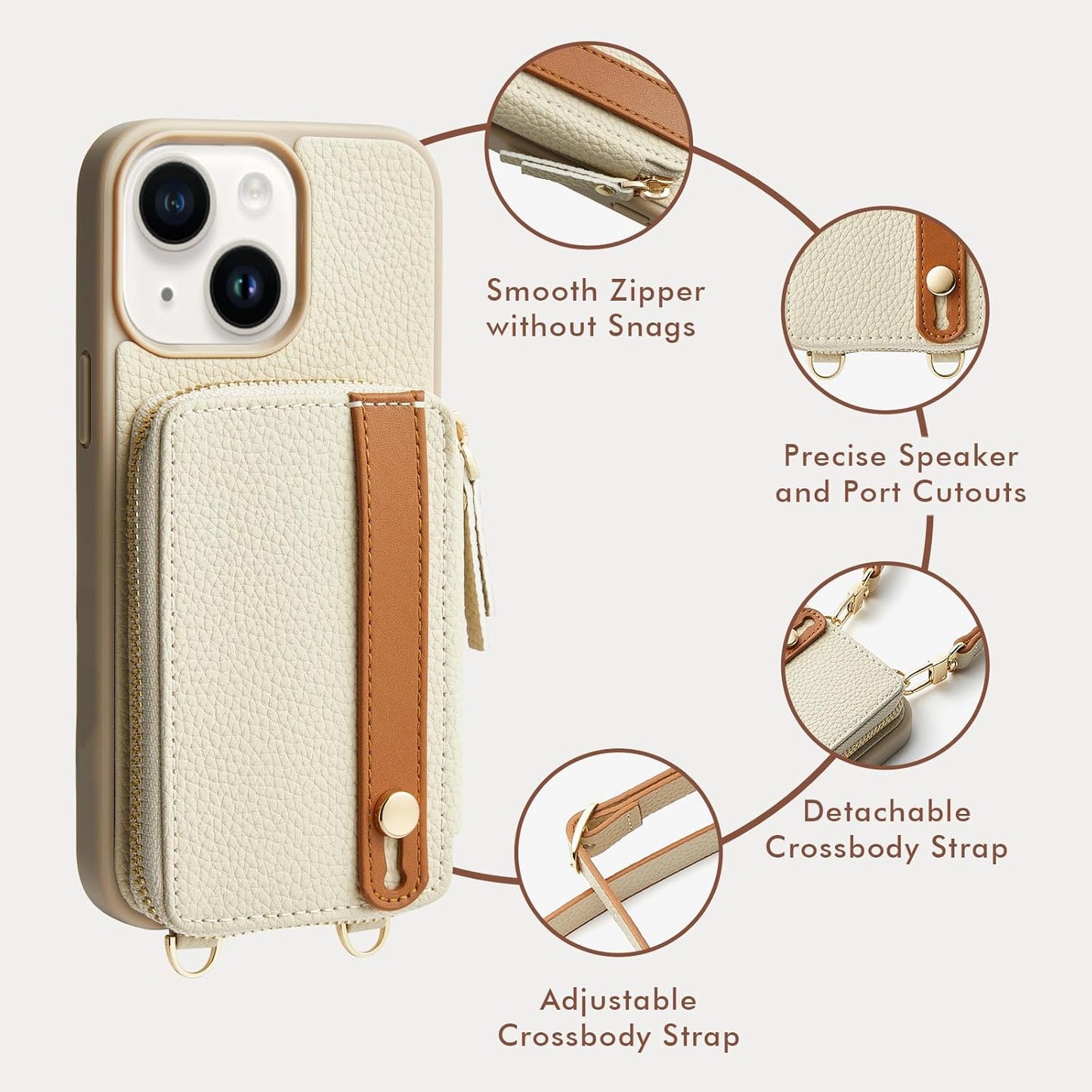 LAMEEKU for iPhone 15 Wallet Case with Credit Card Holder, Zipper Leather Crossbody Case with Phone Grip Holder Stand Wrist Strap Lanyard for Women for Apple iPhone 15 6.1 inch Beige