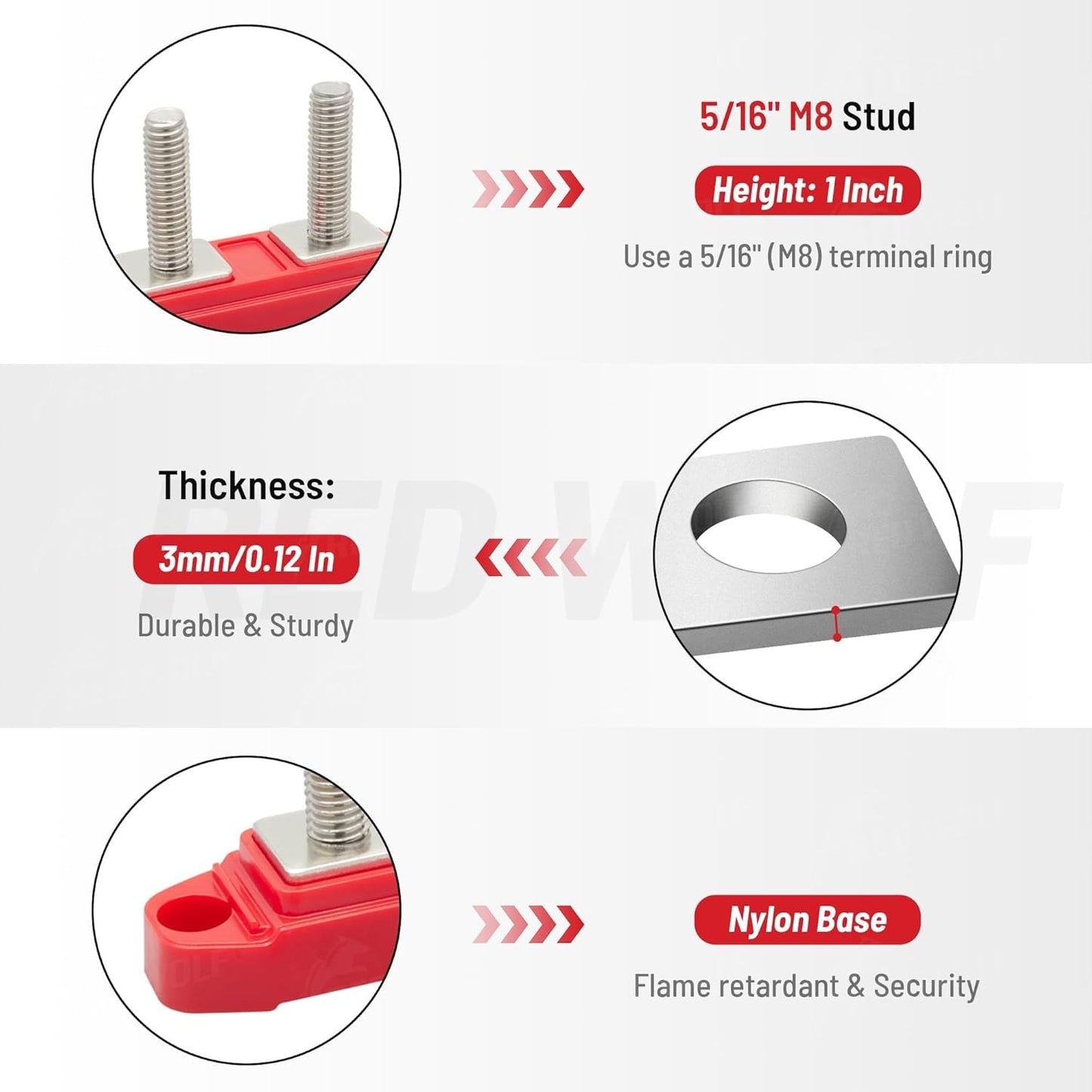 RED WOLF 2PCS 5/16" M8 Dual Stud Bus Bar 12-48V Power Distribution Block Holder 150A DC MAX, Battery Terminal Junction Dual Power Stud Busbar for Car Marine Boat Red & Black w/Screws