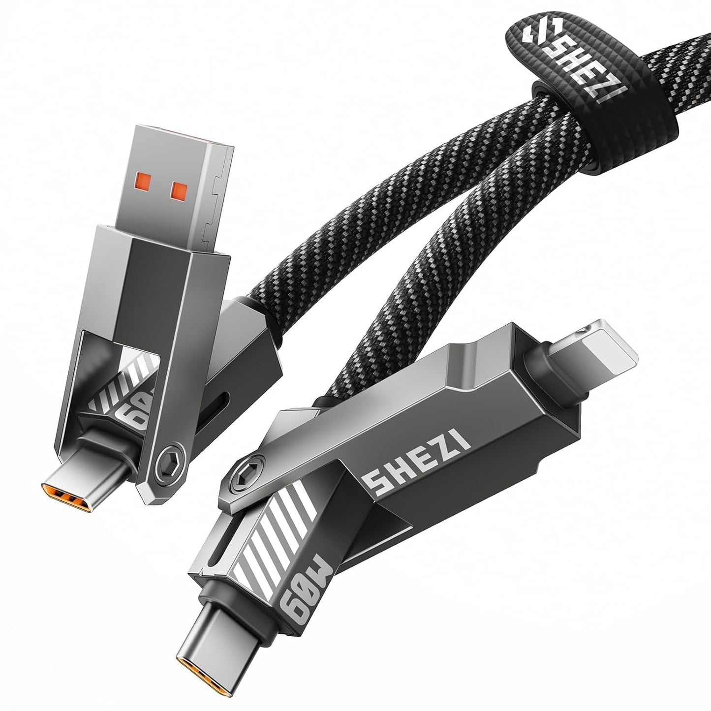 SHEZI Nylon Braided 4 in 1 USB C Cable 60W 5FT Compatible with Lightning Cable, Fast Charging for iPhone/iPad Charger Cord [480Mbps Data Sync],Multi Charging Cable with Type C/USB A, Grey