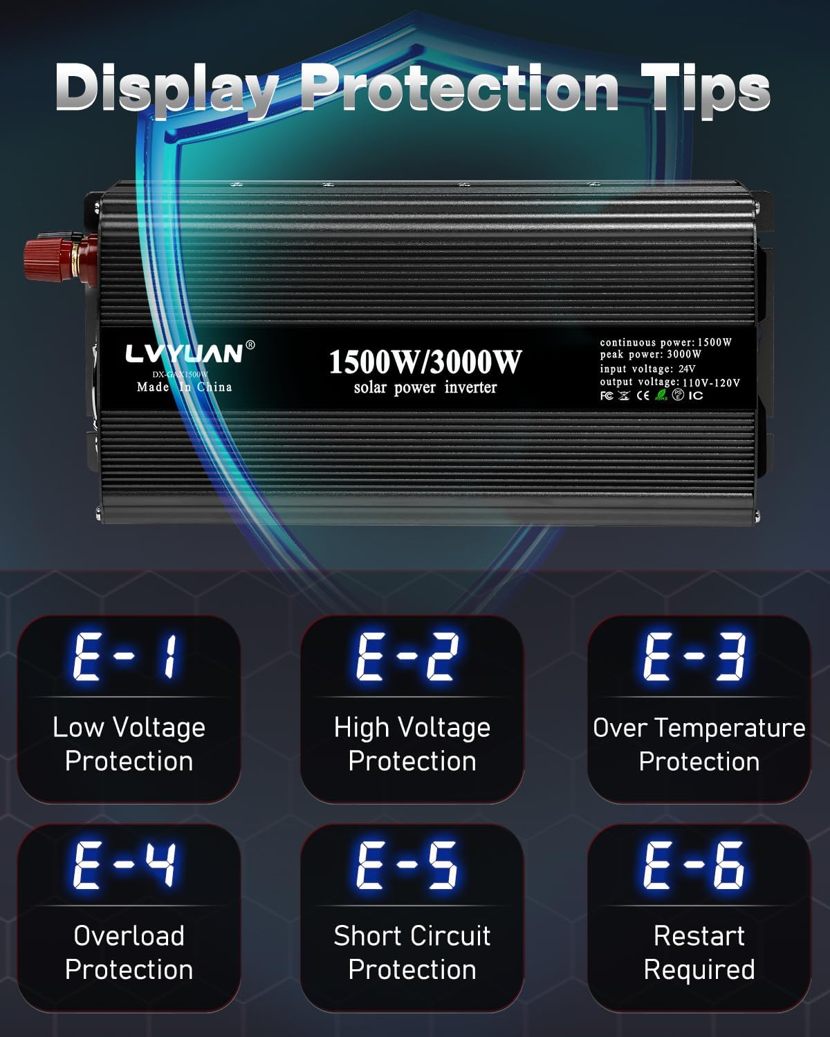 LVYUAN 1500W Power Inverter 24V to 110V DC to AC with 2 US Sockets, LED Display, USB Ports for Home, Truck, Outdoor, Camping