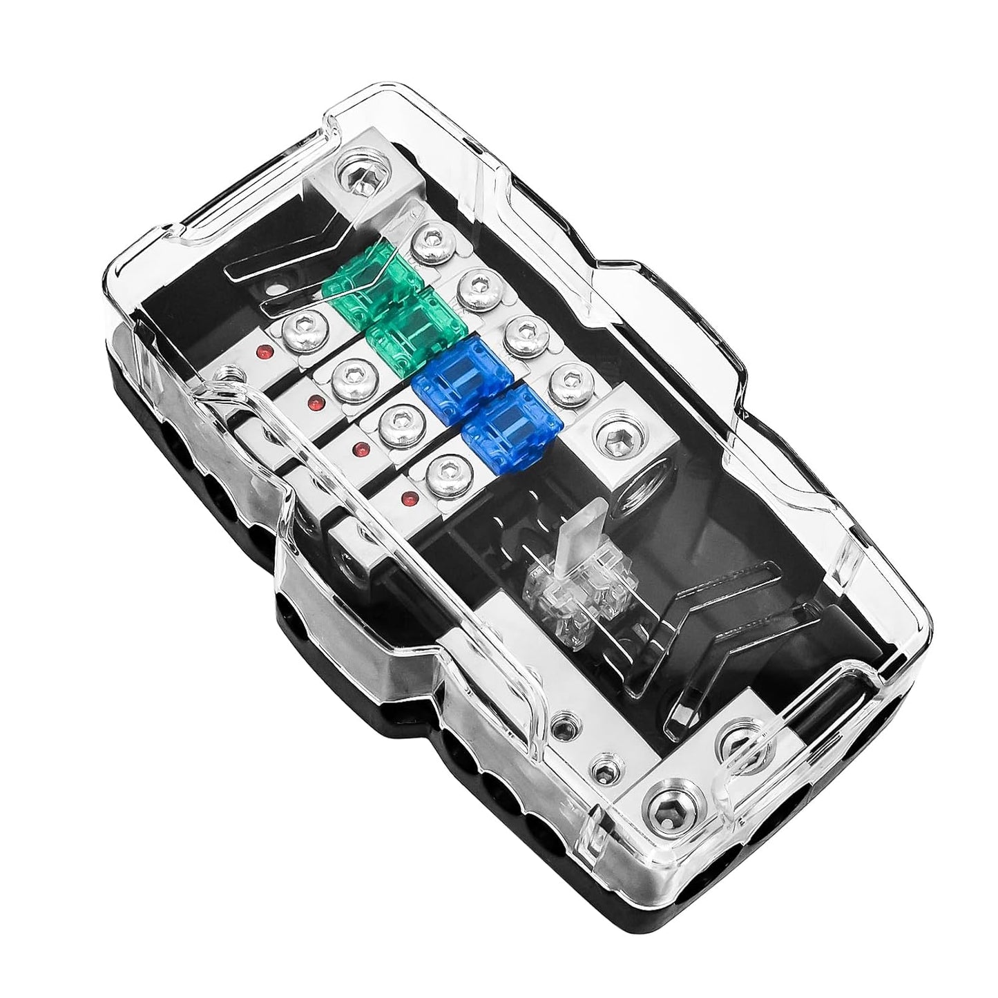 Fused Power Distribution Block Car Audio 4 Way MIDI(Mini-ANL) 12V Fuse Block with Red LED Indicator, 0/4 Gauge Input 4/8 Gauge Output for Auto Marine UTV