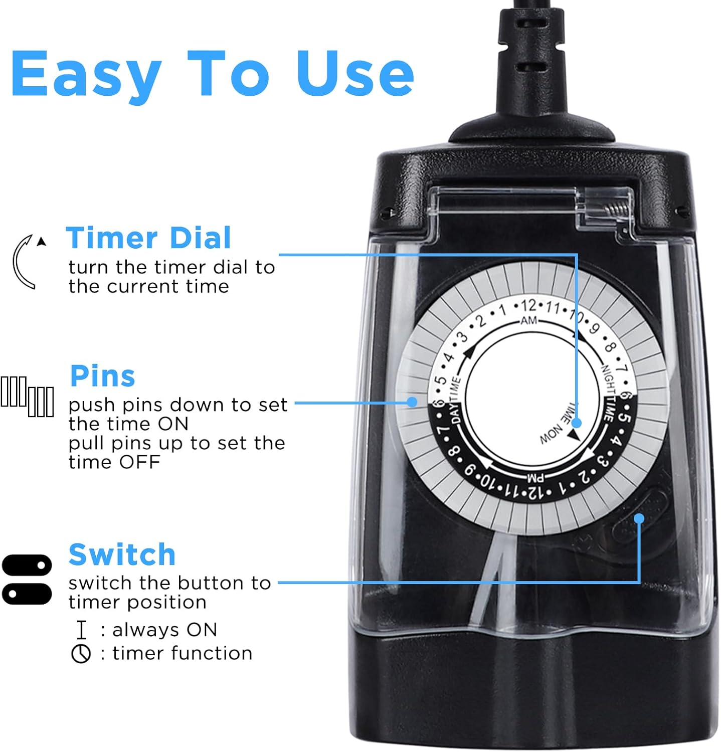 G-ELEK Outdoor Timer Waterproof, 24 Hour Light Timer, Timers for Electrical Outlets, Ideal for Pool Pump, Christmas Lights, Heavy Duty, 2 Grounded Outlets, ETL Listed, Black