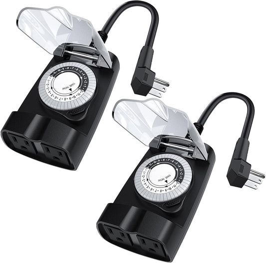 G-ELEK Outdoor Timer Outlet Waterproof, 24 Hour Outdoor Light Timer, Timers for Electrical Outlets, Ideal for Pool Pump, Christmas Lights, Heavy Duty, 2 Grounded Outlets, ETL Listed, 2 Pack