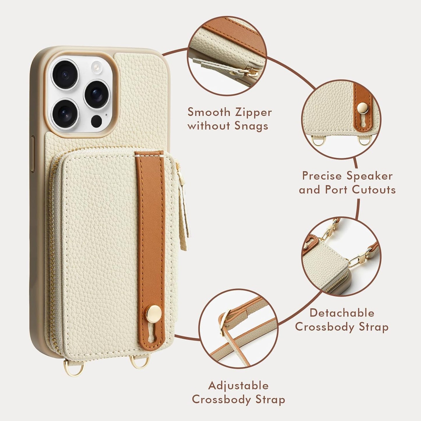 LAMEEKU for iPhone 15 Pro Wallet Case with Credit Card Holder, Zipper Leather Crossbody Case with Phone Grip Holder Stand Wrist Strap Lanyard for Women for Apple iPhone 15 Pro 6.1 inch Beige