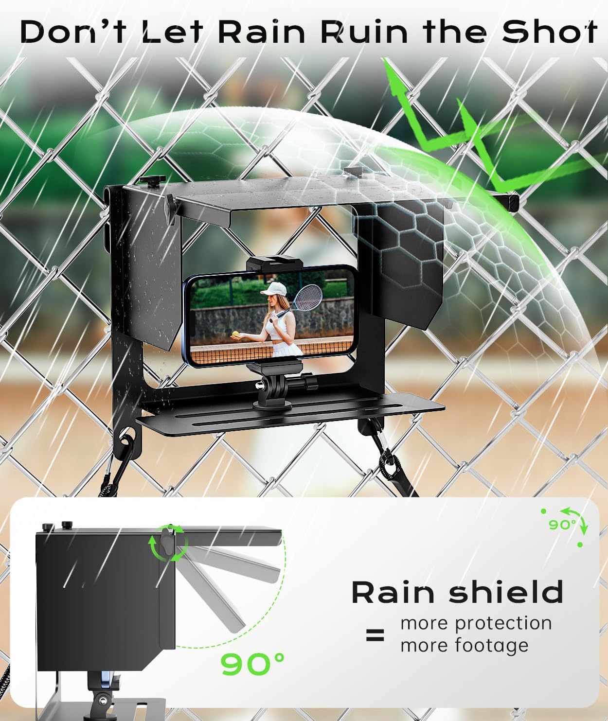 Cell Phone Fence Mount Shade - All-in-One Mounting Kit for iPhone, GoPro, Samsung, Mevo Start, Insta360 and Action Cameras, Ideal for Recording Baseball, Football, Tennis Games