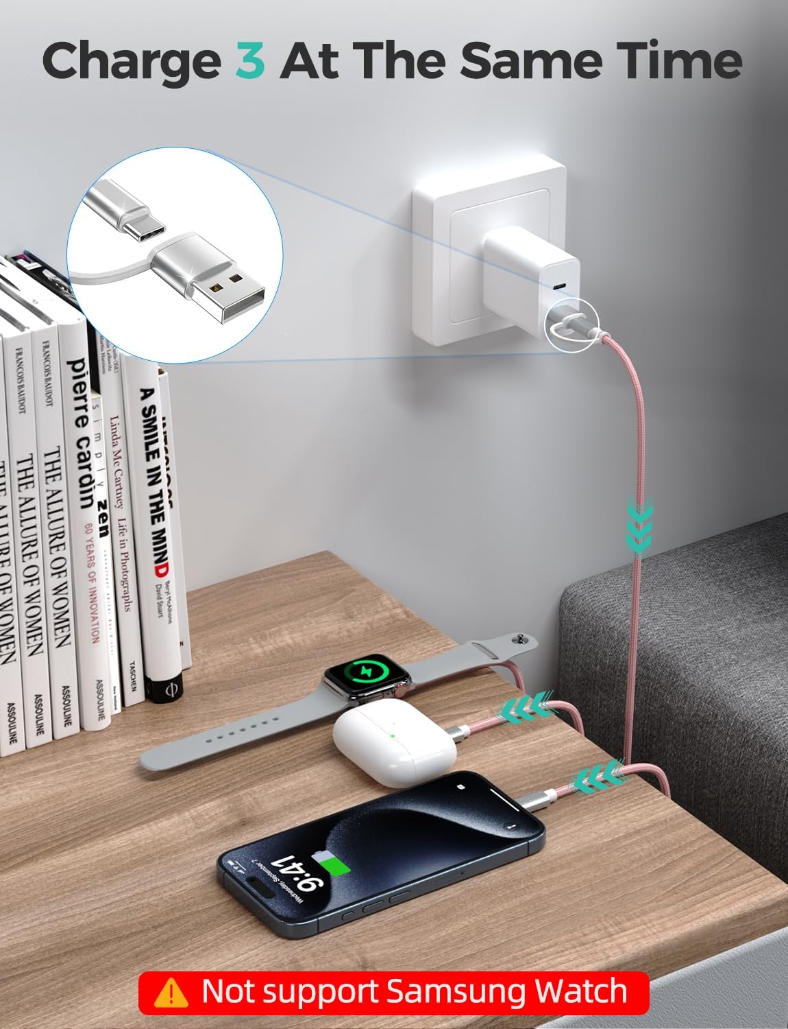 Pink-Upgraded 3 in 2 USB C Cable for Watch Charger Phone Charger USB C Multi Fast Charging Cable Compatible with Watch Ultra/SE/10/9/8/7/6/5/4/3/2/1 & Phone 16/15/14/Galaxy S23-4FT