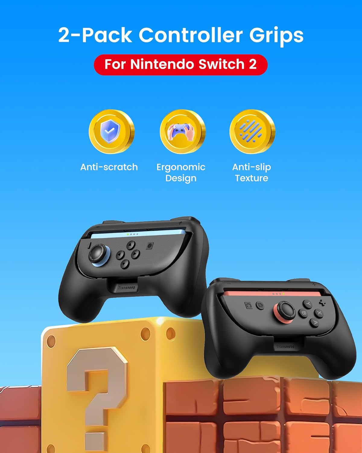 TRANSNOVO Hand Grips for Switch 2，Wear-Resistant Switch Accessories Controller Grips for JoyCon，2 Pack Comfort Handles (Black)