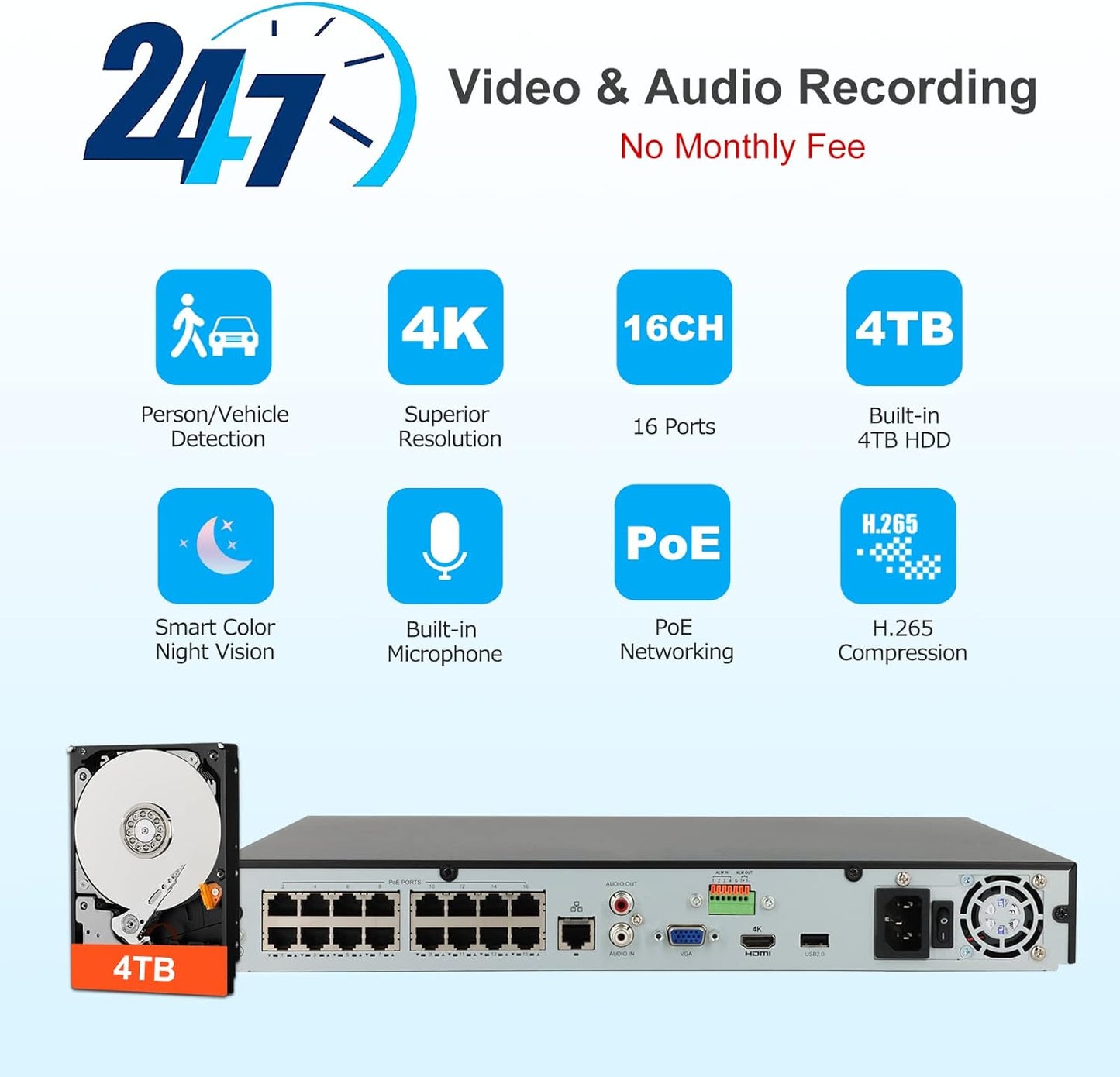 Anpviz 4K 16CH PoE Security Camera System, 8pcs Wired 8MP PoE IP Cameras Outdoor with Human Vehicle Detection, 100ft Smart Color Night Vision, 4K 16 Channel NVR with 4TB HDD for Business (U Series)