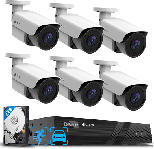 4COVR PoE Security Camera System, AI Human/Vehicle Detection, 8 Channel 8MP PoE NVR 2TB HDD, 6Pcs 8MP Wired Commercial Bullet IP Camera IP67 Night Vision, 24/7 Home Surveillance Outdoor, LY37EX8M0806
