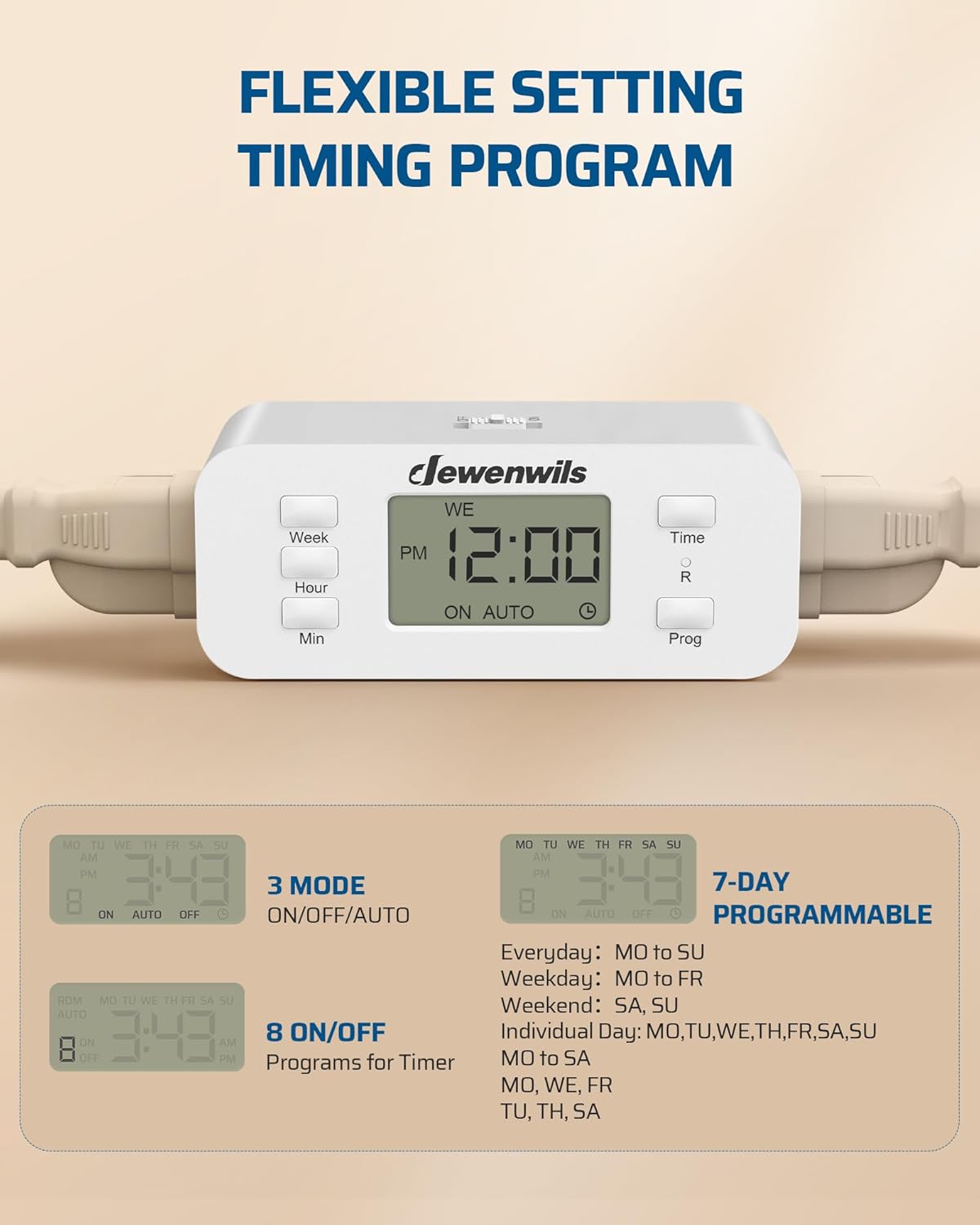 DEWENWILS 7 Day Heavy Duty Timers for Electrical Outlets, 2 Pack Dual Outlet Digital Timer, 3 Prong Programmable Light Timer for Indoor Lamp, Light, Fan, Pets, Home, Kitchen, Office, 125V 60Hz
