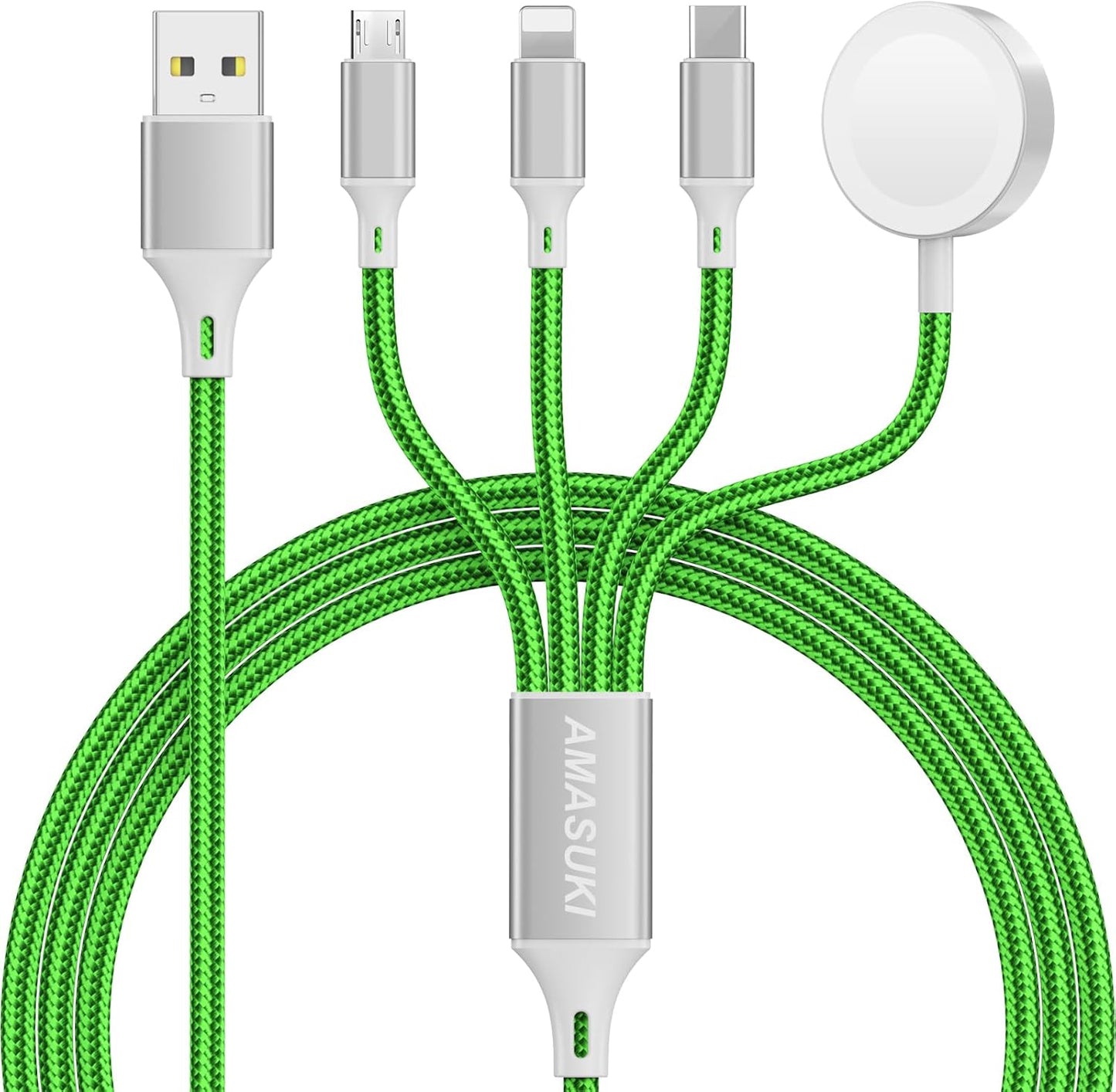 Travel Essentials Multi Charging Cable for Watch Charger 4 in 1 Fast Charger Camping Essentials USB C/L/Micro Compatible with Watch Series 10-1/SE/Ultra Phone 16 15/Galaxy Android-4FT/Green