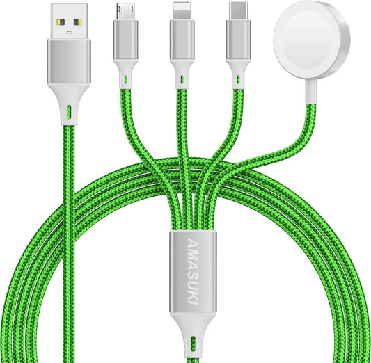Travel Essentials Multi Charging Cable for Watch Charger 4 in 1 Fast Charger Camping Essentials USB C/L/Micro Compatible with Watch Series 10-1/SE/Ultra Phone 16 15/Galaxy Android-4FT/Green