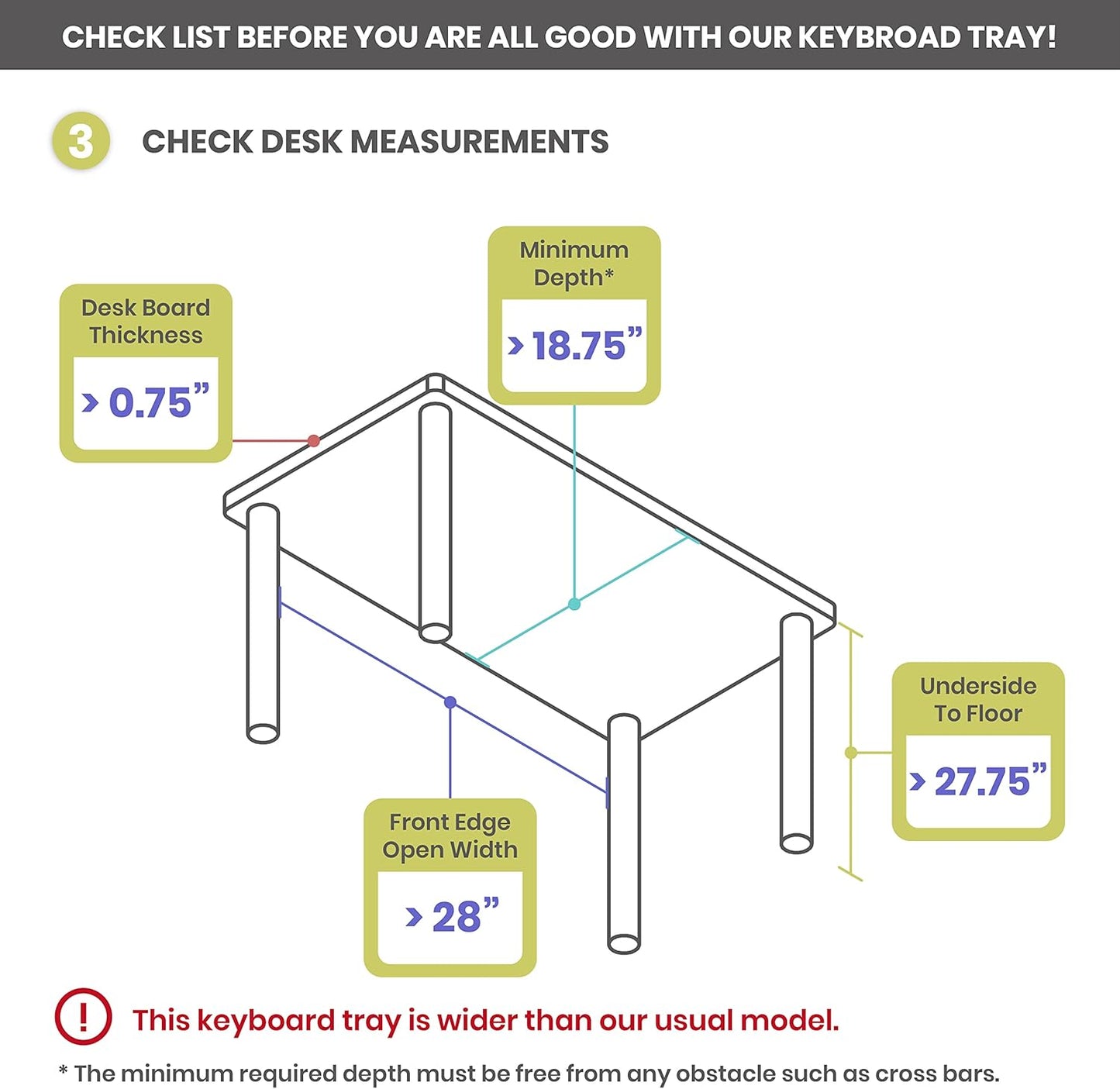 Under Desk Keyboard Tray, 27" x 11" Tray, 17.75" Track, One Knob Control, Undermount Sliding Computer Keyboard with Wrist Rest, Adjustable Height and ±15° Tilt