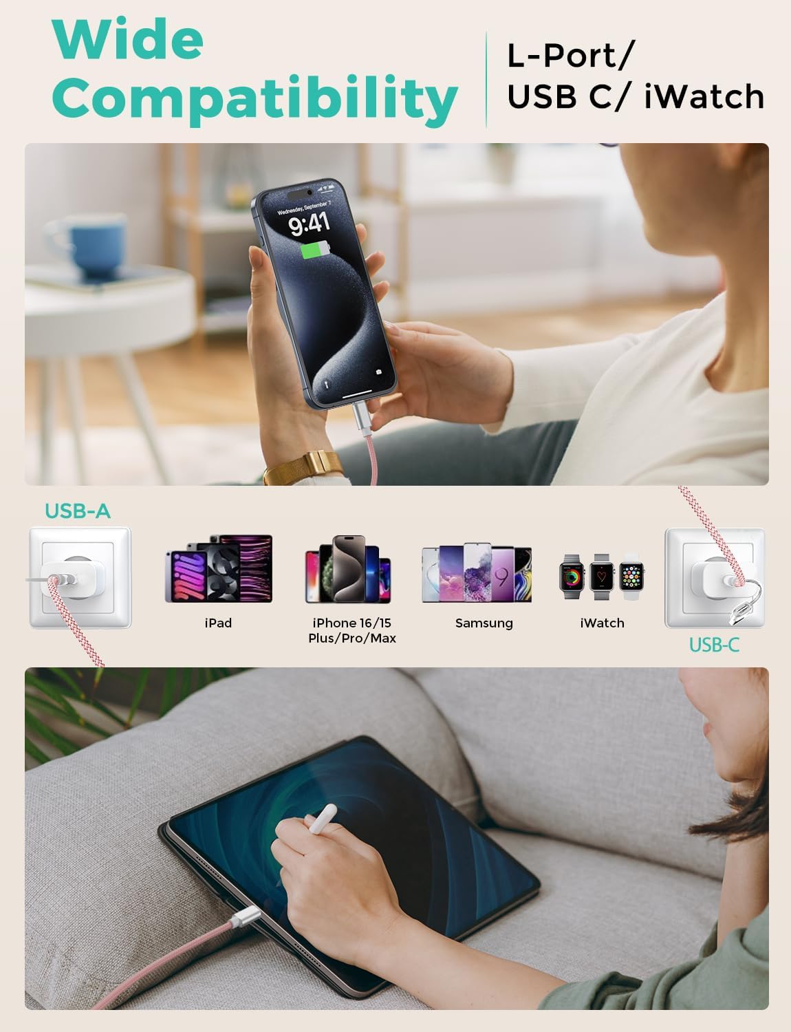 Pink-Upgraded 3 in 2 USB C Cable for Watch Charger Phone Charger USB C Multi Fast Charging Cable Compatible with Watch Ultra/SE/10/9/8/7/6/5/4/3/2/1 & Phone 16/15/14/Galaxy S23-4FT