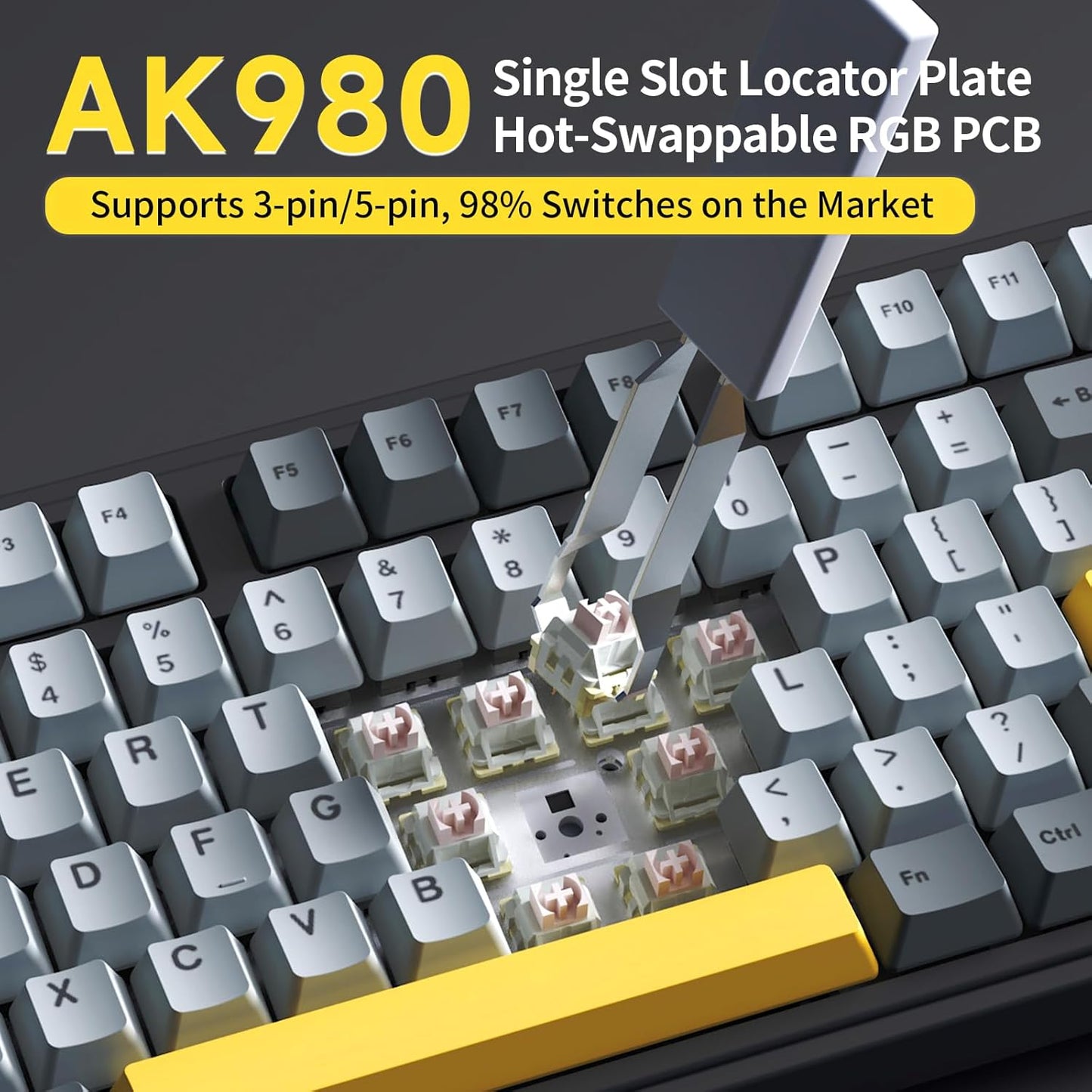 NACODEX Ajazz AK980 Grey Yellow Wireless Mechanical Gaming Keyboard,Tri-Mode BT5.0/2.4GHz/USB-C Hot Swappable Custom Keyboard RGB Backlit Computer Gaming Keyboards for PC/Tablet/PS/Xbox