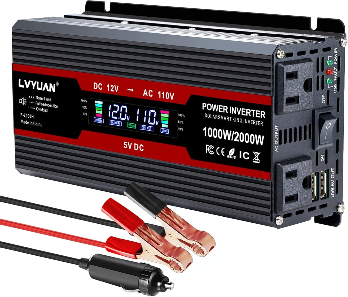 LVYUAN 1000W Car Power Inverter 12V to 110V DC to AC with 2 US Sockets, Cigarette Lighter, LCD Display, USB Ports for Car, Home,Outdoor, Camping