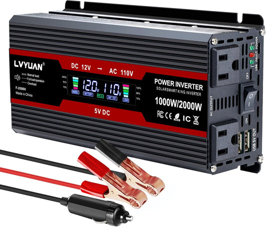 LVYUAN 1000W Car Power Inverter 12V to 110V DC to AC with 2 US Sockets, Cigarette Lighter, LCD Display, USB Ports for Car, Home,Outdoor, Camping