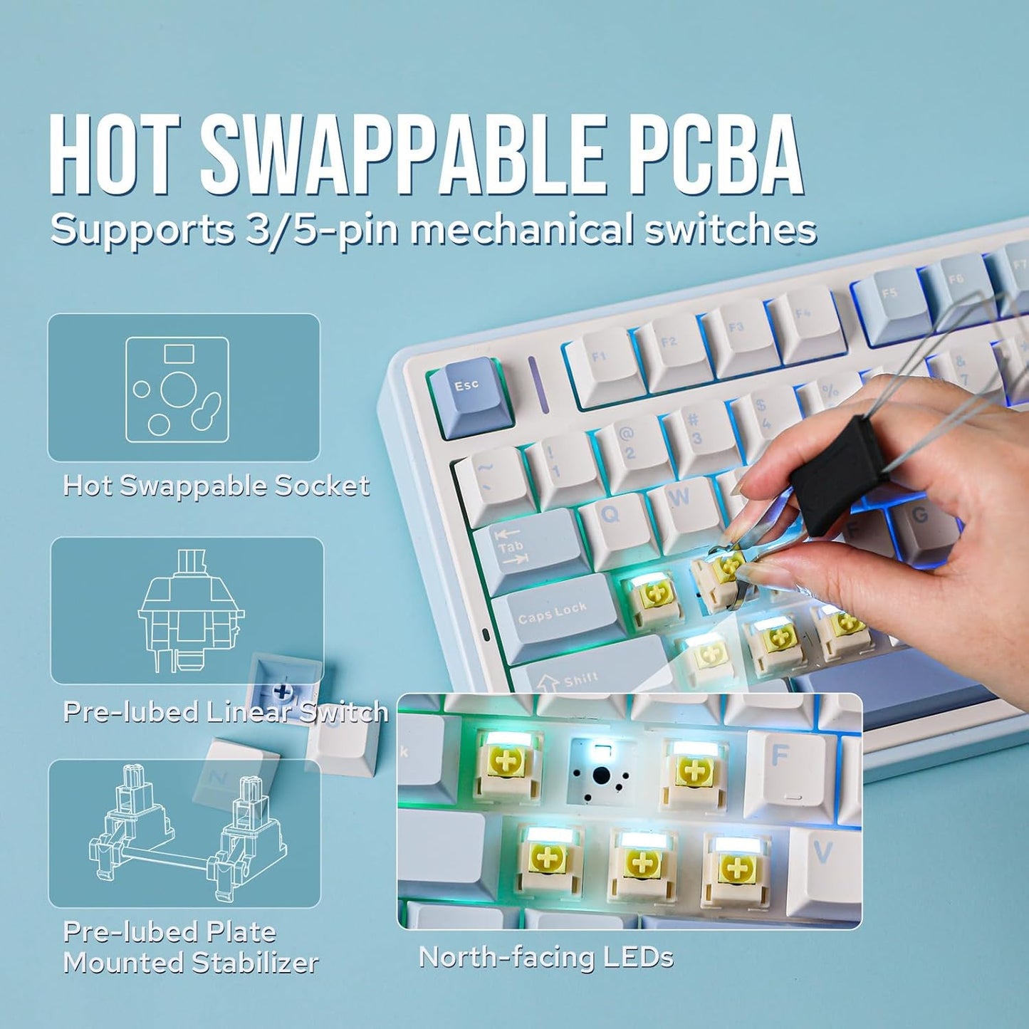 EPOMAKER x Aula F75 Gasket Mechanical Keyboard, 75% Wireless Hot Swappable Gaming Keyboard with Five-Layer Padding&Knob, Bluetooth/2.4GHz/USB-C, RGB (Sea Salt Blue, LEOBOG Reaper Switch)