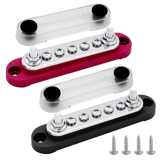 2 x M6 (1/4") Power Distribution Block Bus Bar 12V with 5 x M4 (#8) Screws, Ampper 4.3" 150A Marine BusBar Battery Distribution Block W/Cover for Car Boat Solar (Red & Black)