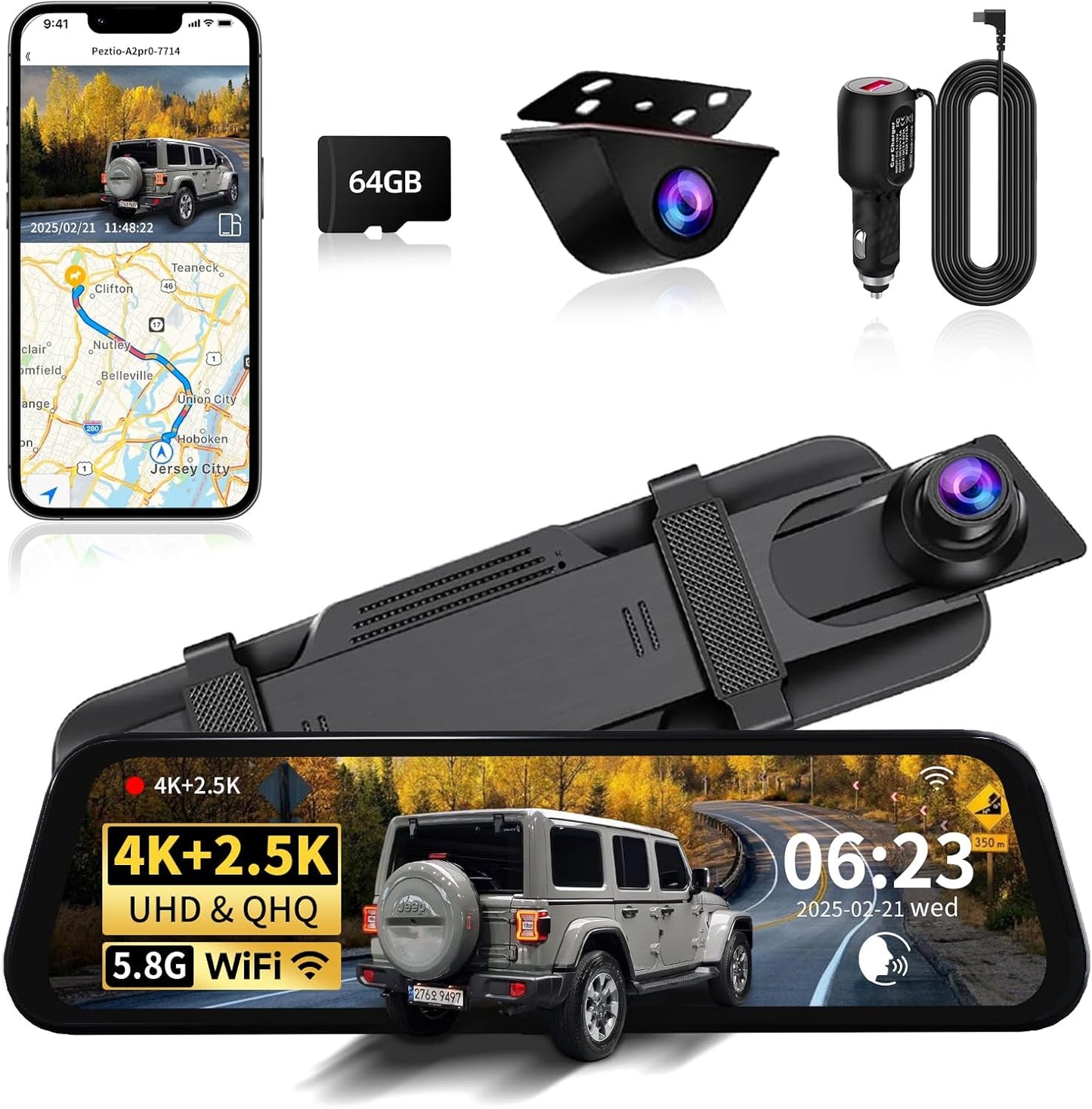 Mirror Dual Dash Camera with Voice Control,4K+2.5K 10" Rear View Mirror Camera with 5.8GHz WiFi and APP Control, WDR Night Vision, Loop Recording, G-Sensor, Parking Monitor 64GB Card Included